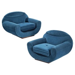 Eccentric Pair of Club Chairs in Vibrant Blue Velvet Upholstery