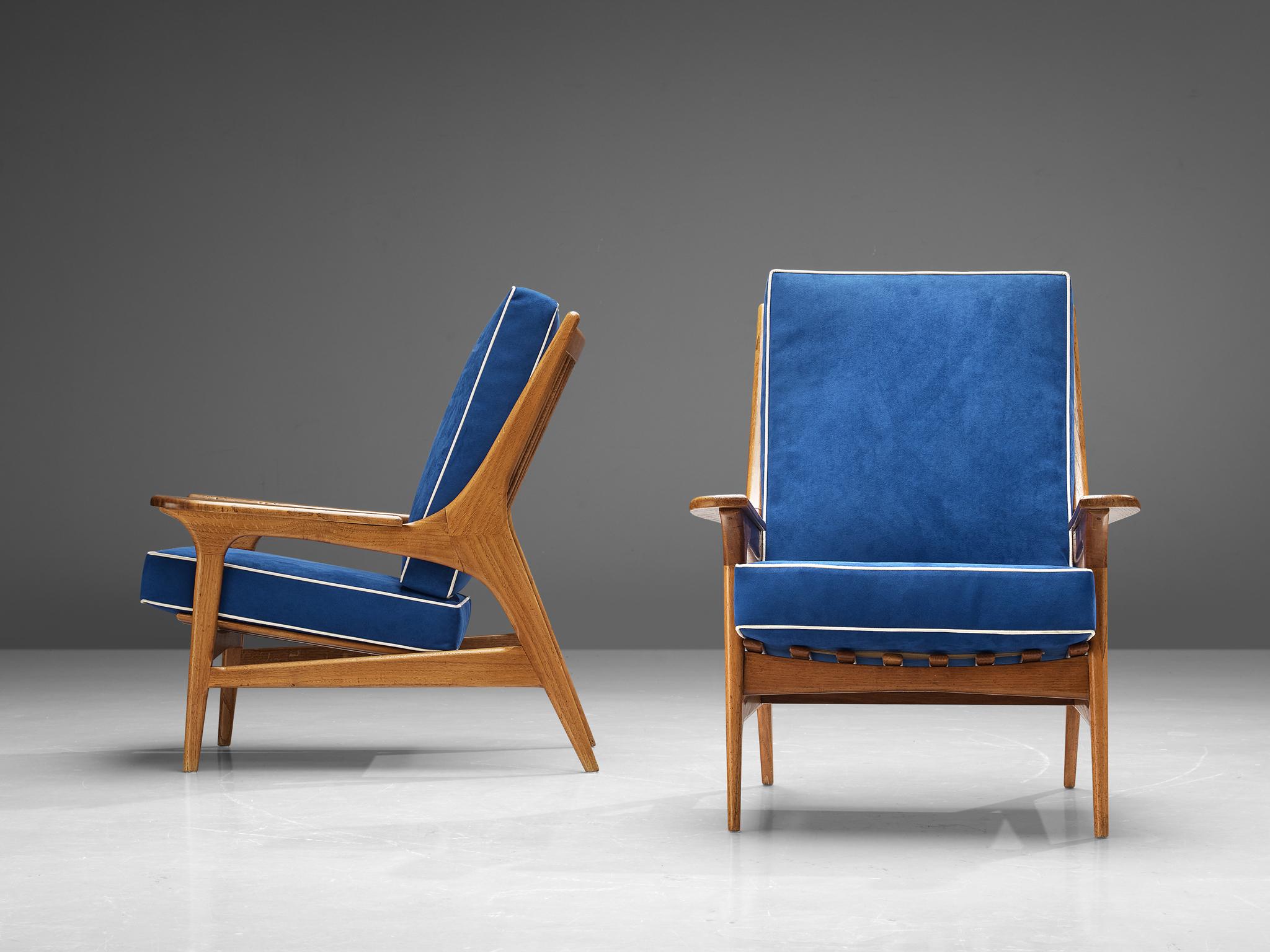 Ultrasuede Eccentric Pair of Italian Lounge Chairs in Oak and Blue Upholstery