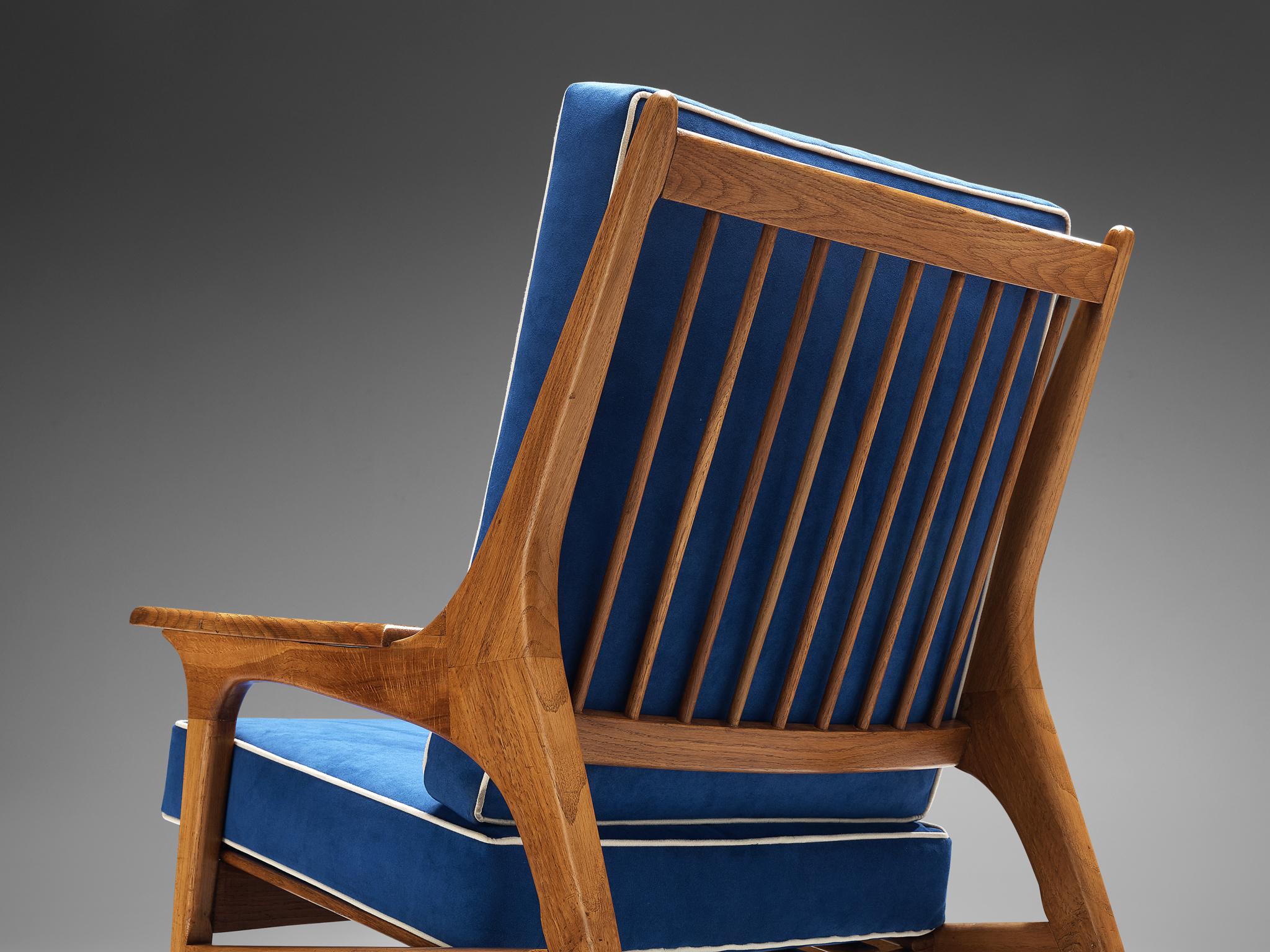 Eccentric Pair of Italian Lounge Chairs in Oak and Blue Upholstery 1