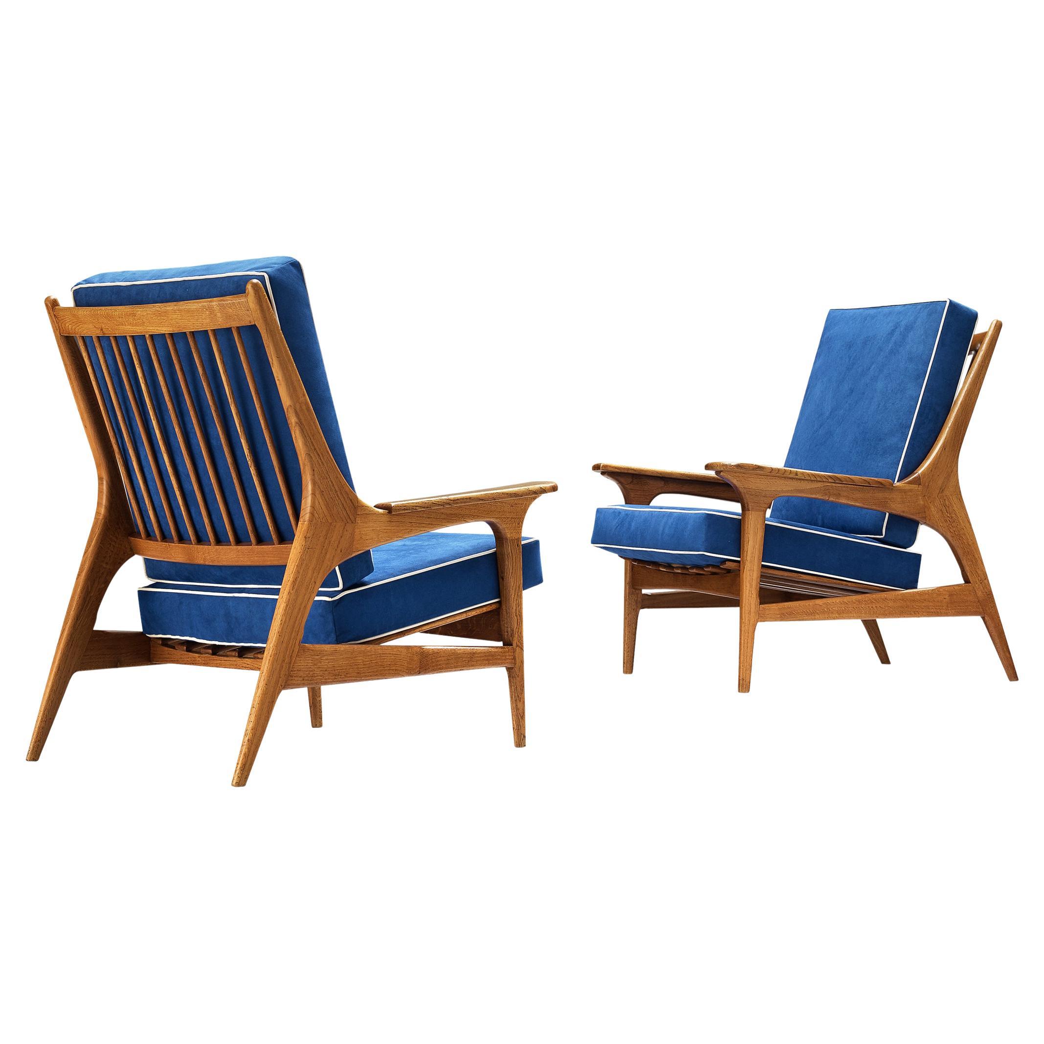 Eccentric Pair of Italian Lounge Chairs in Oak and Blue Upholstery  For Sale