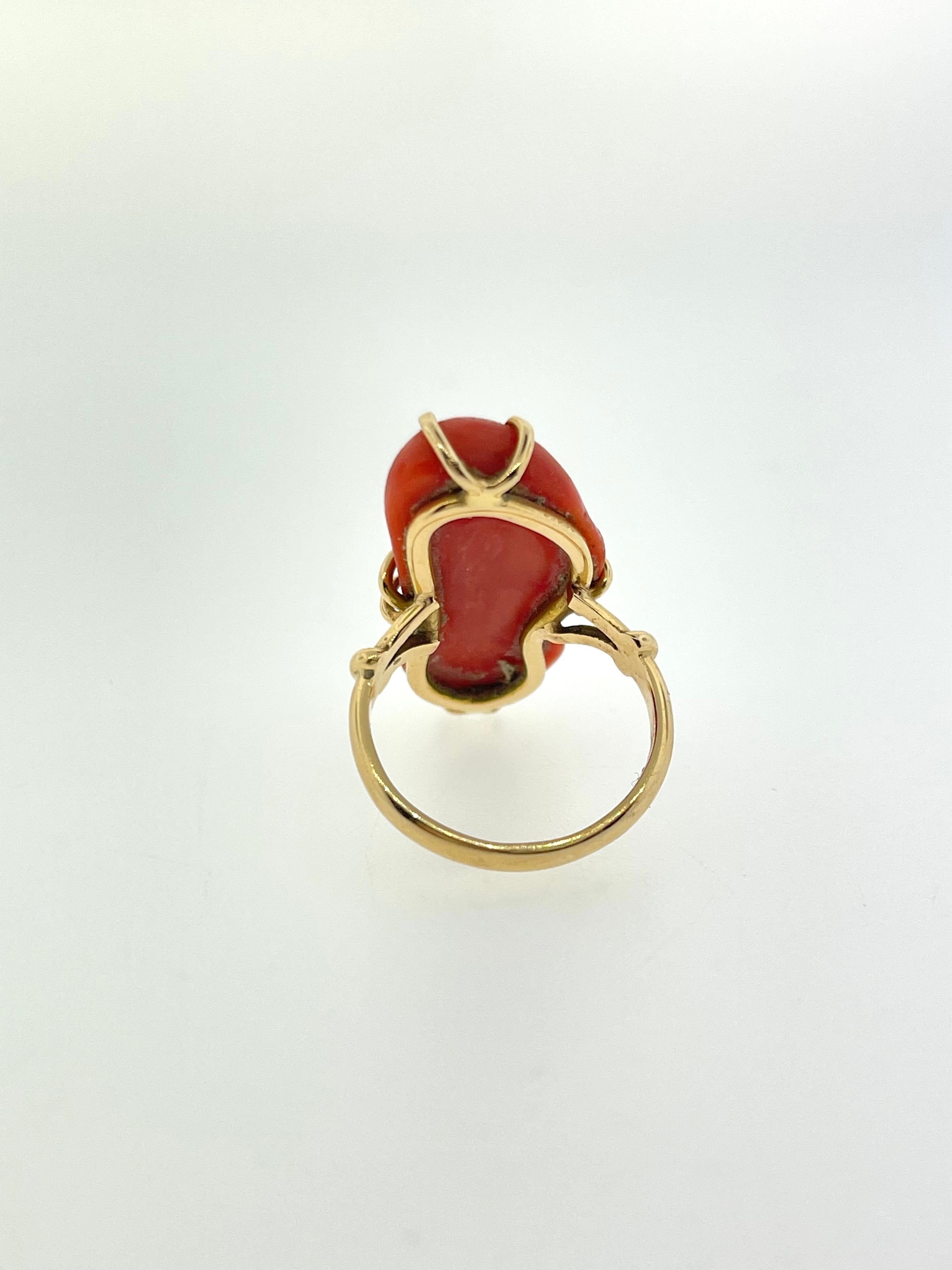 Rough Cut Eccentric Pink Coral Yellow Gold Ring For Sale