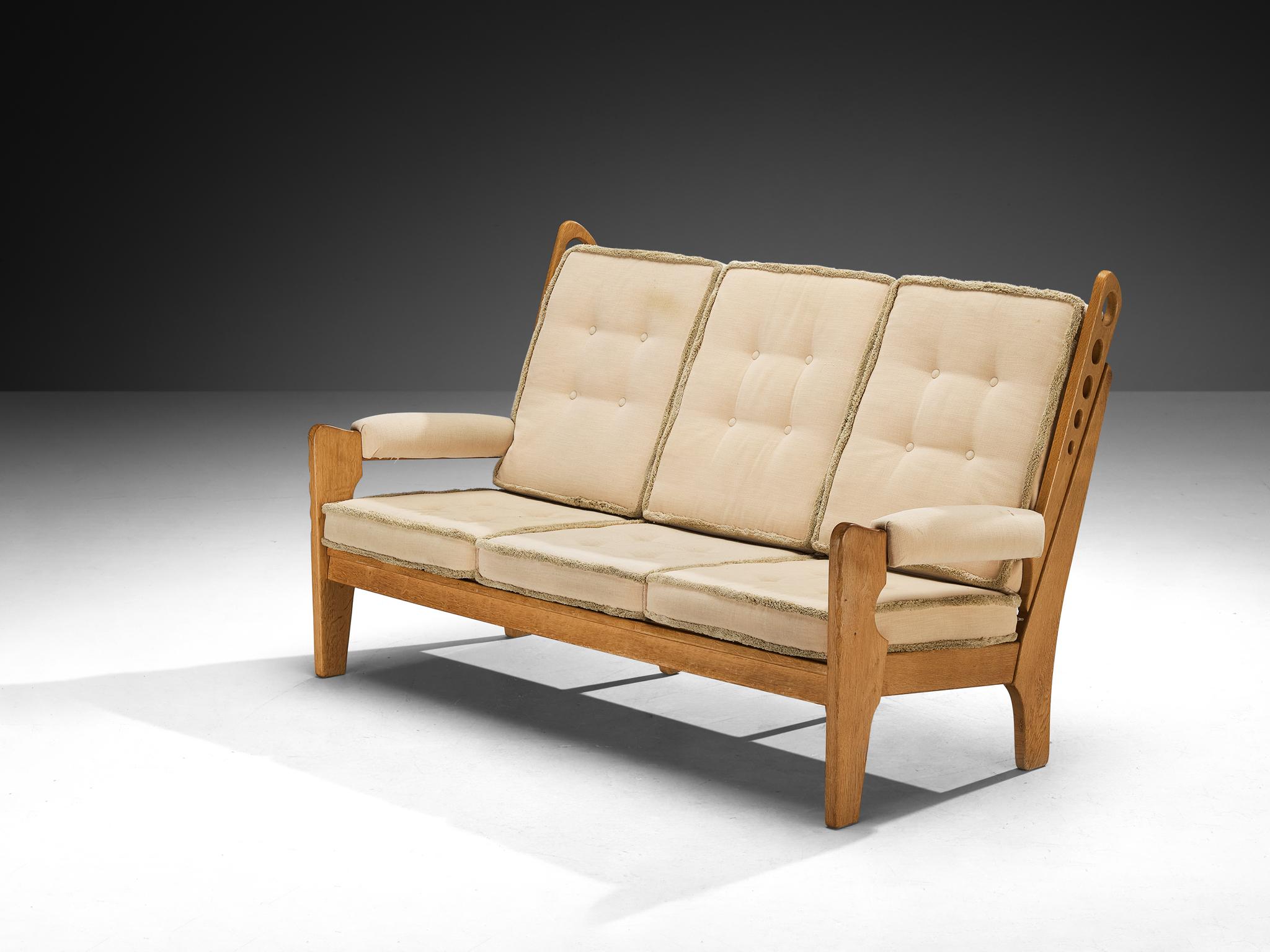 Tessuto Divano eccentrico con intagli geometrici in rovere massiccio e tessuto beige chiaro in vendita