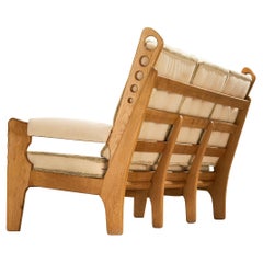 Eccentric Sofa with Geometric Carvings in Solid Oak and Light Beige Fabric
