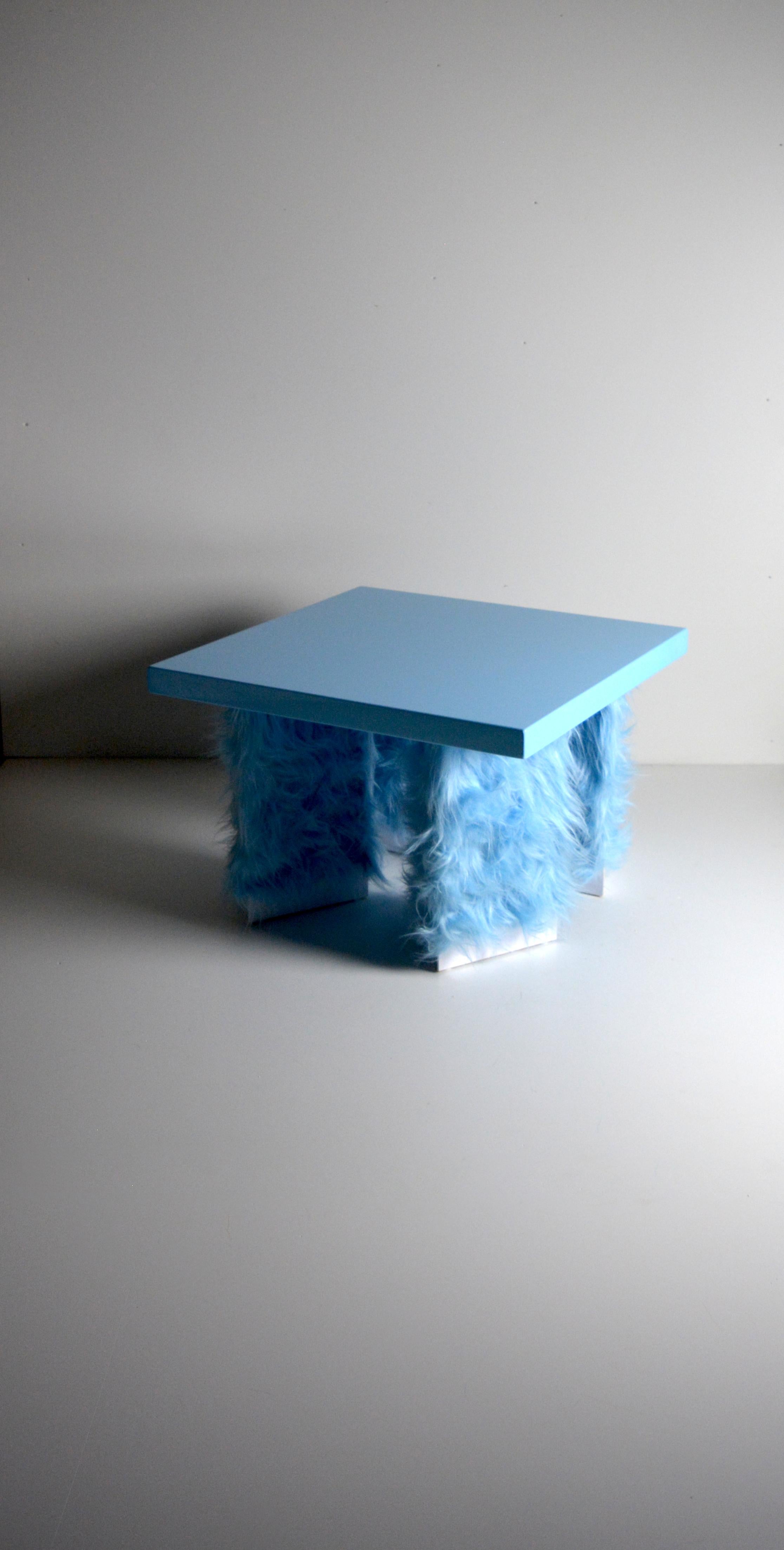 Modern Eccentrico Studio Greca contemporary light blue fur lacquered wood coffee table For Sale