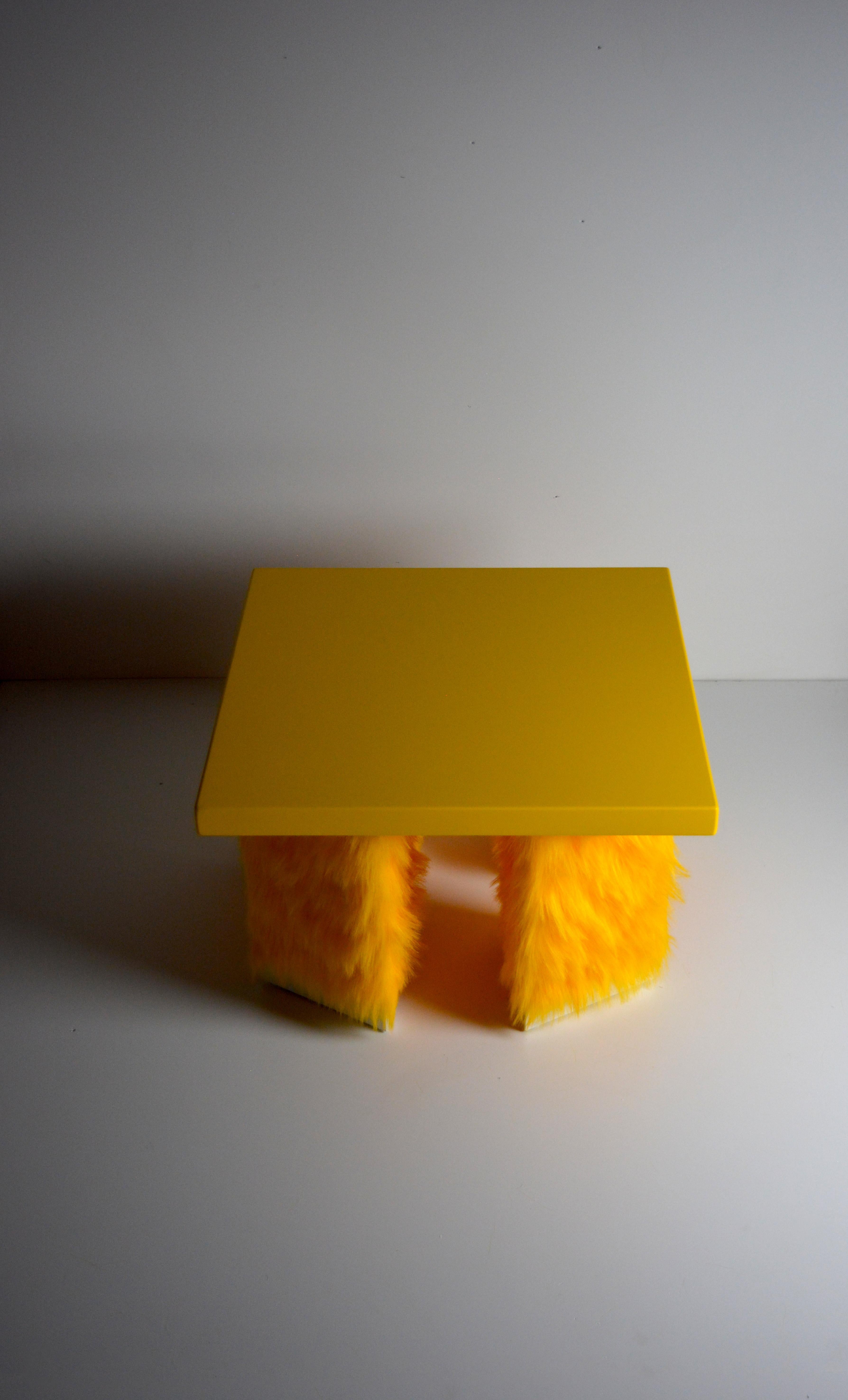 Italian Eccentrico, contemporary coffee table yellow fur-lacquered wood by Studio Greca For Sale