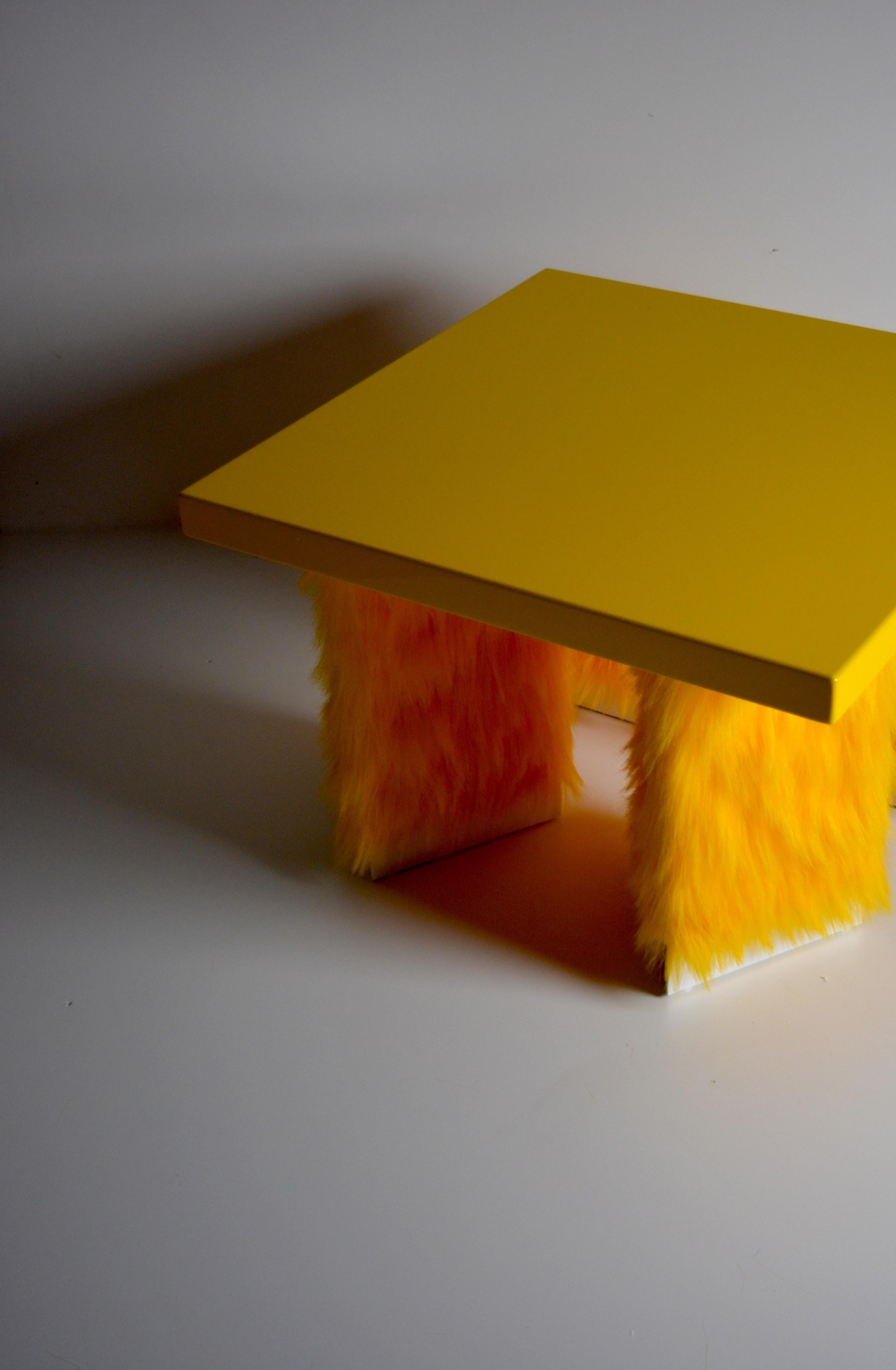 Modern Eccentrico, contemporary coffee table yellow fur-lacquered wood by Studio Greca For Sale