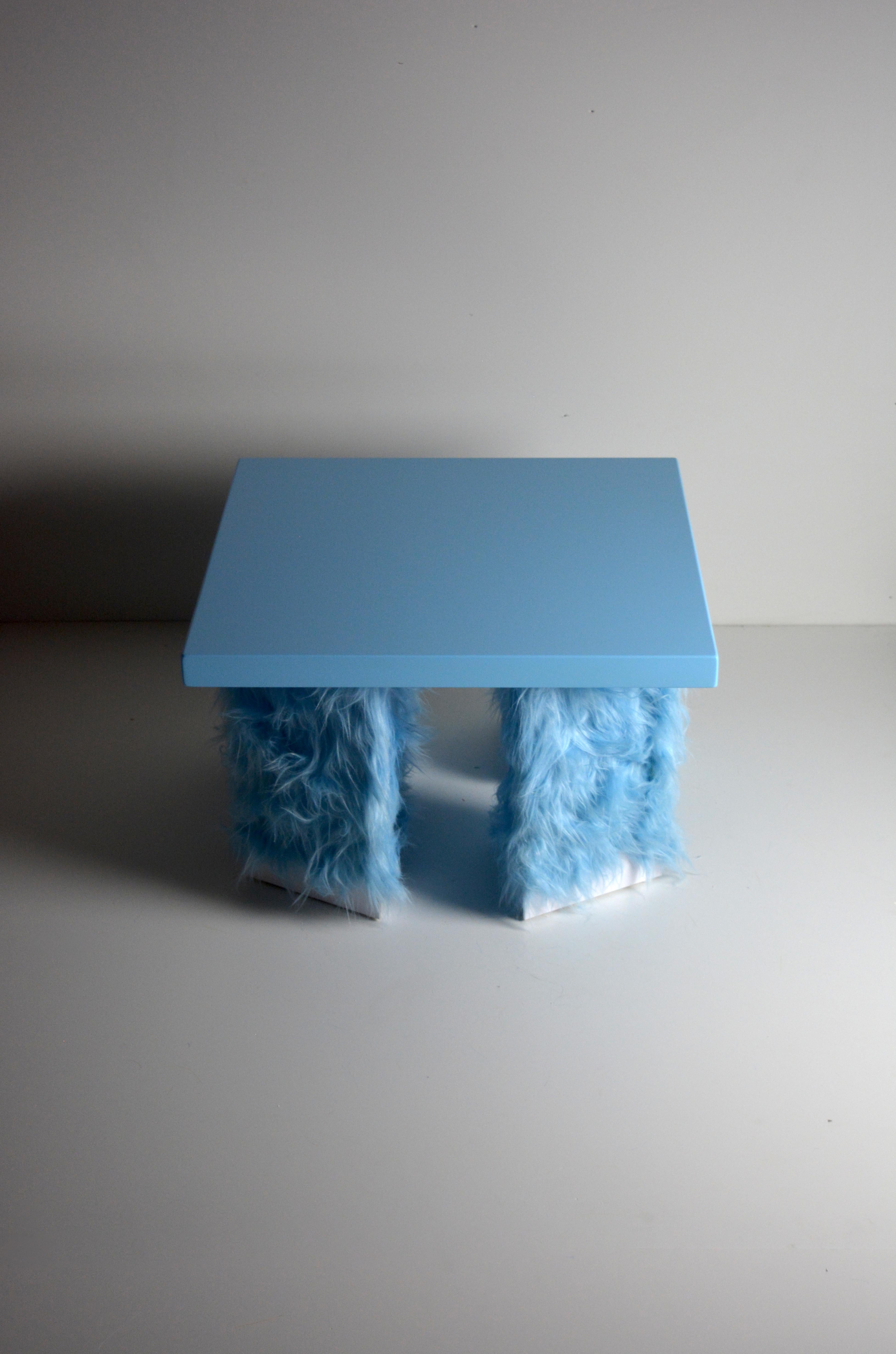 Italian Eccentrico Studio Greca contemporary light blue fur lacquered wood coffee table For Sale