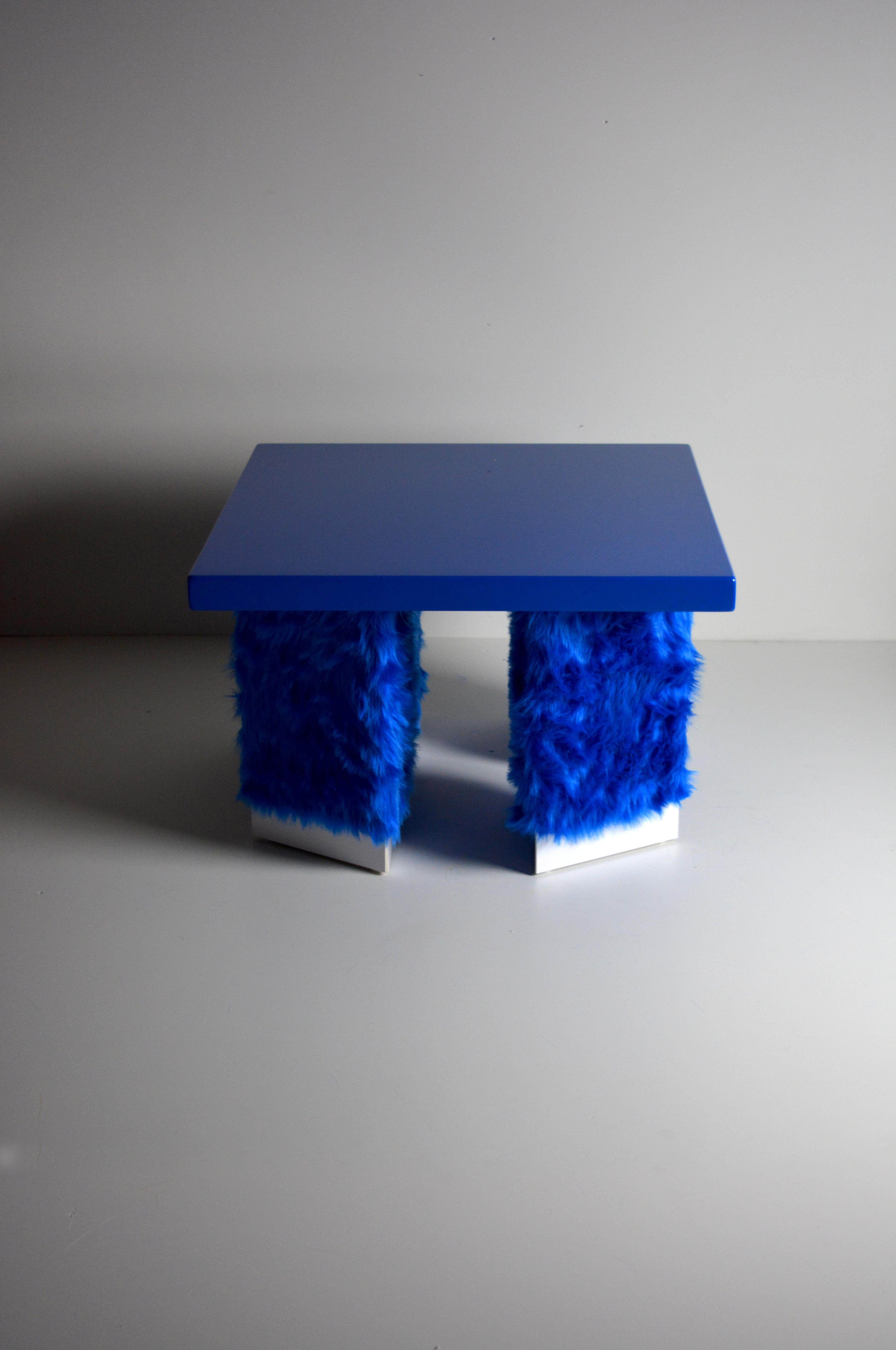 Italian Eccentrico, contemporary coffee table blue fur-lacquered wood by Studio Greca For Sale