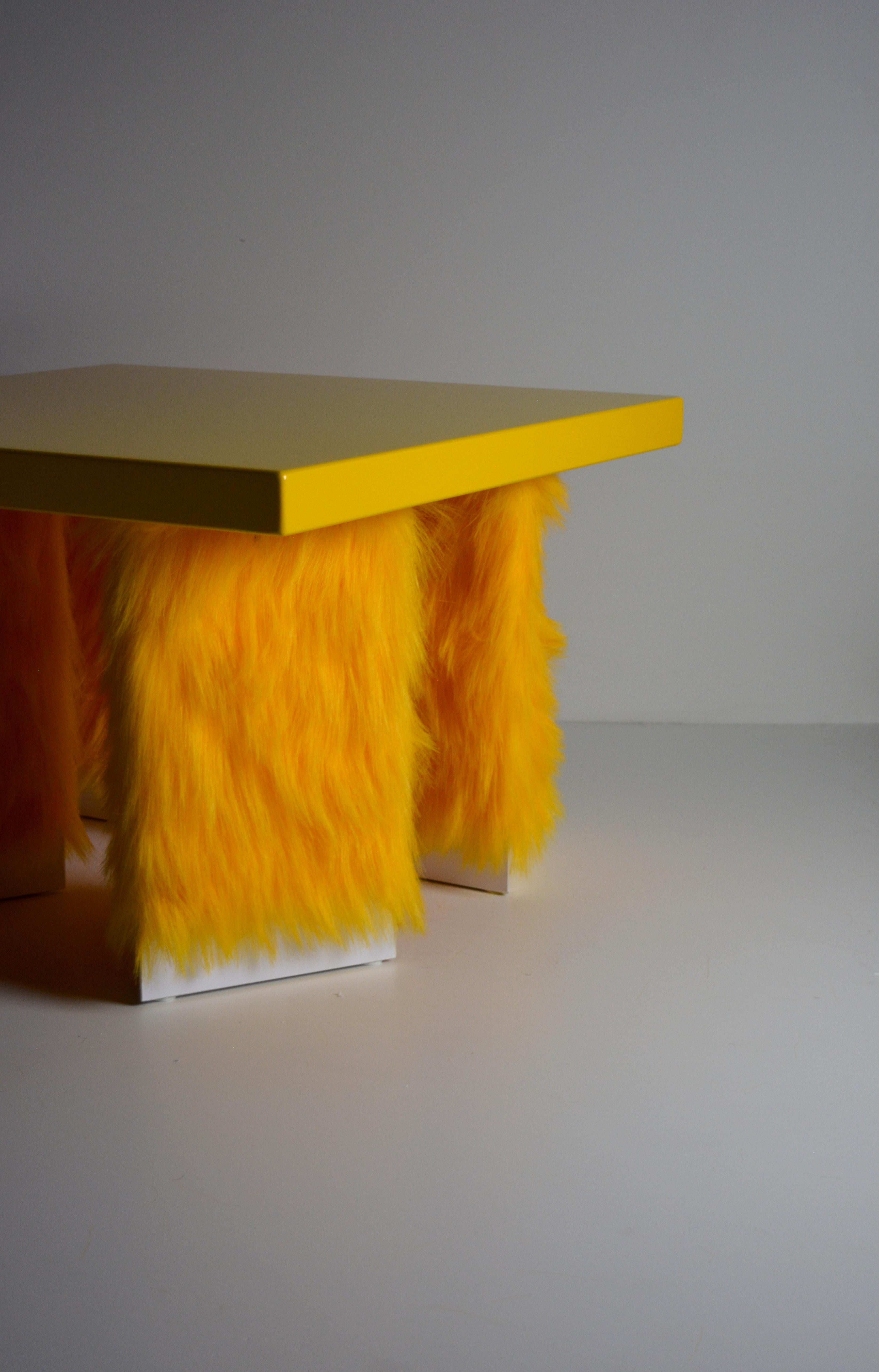 Hand-Crafted Eccentrico, contemporary coffee table yellow fur-lacquered wood by Studio Greca For Sale