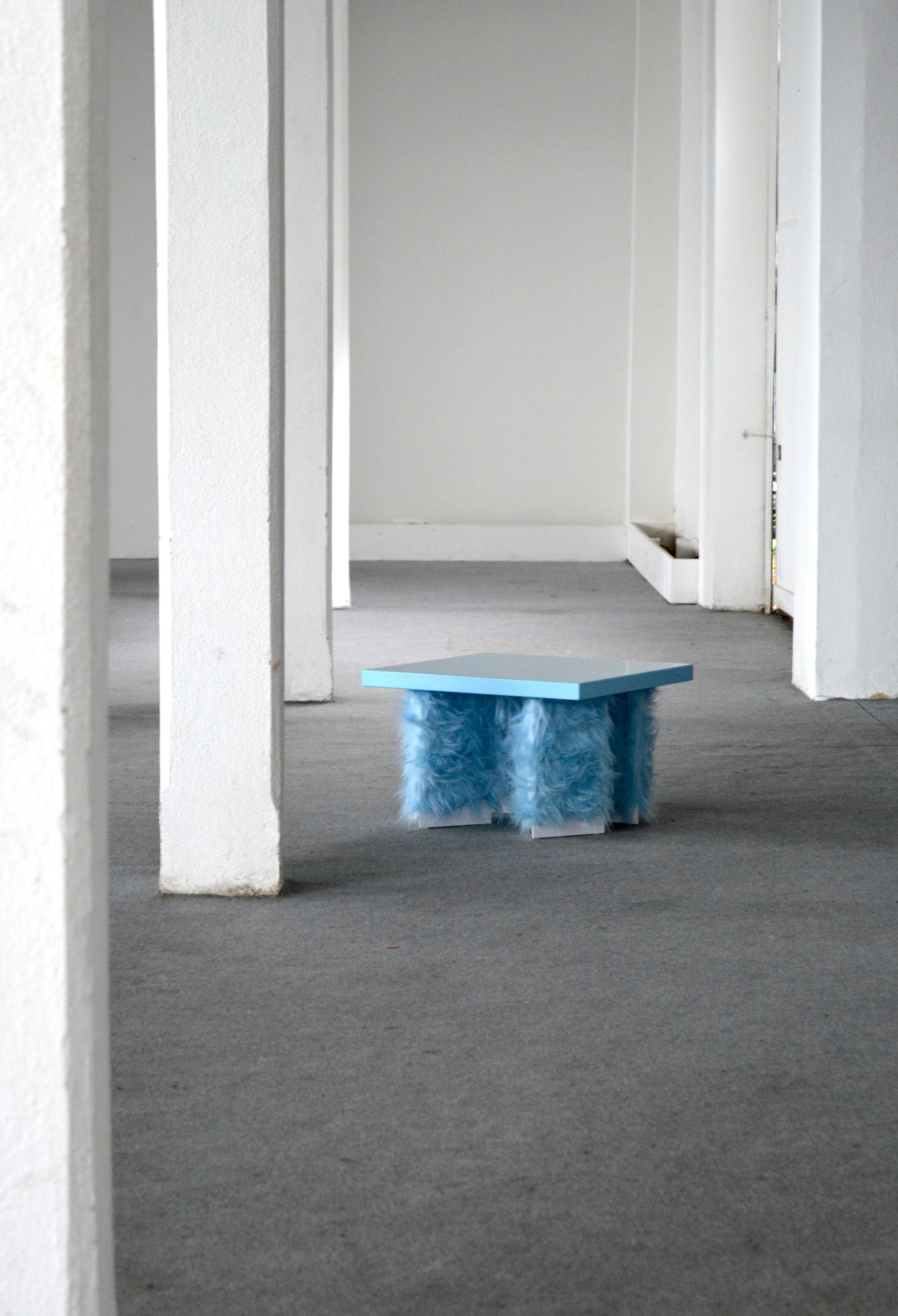 Fur Eccentrico Studio Greca contemporary light blue fur lacquered wood coffee table For Sale