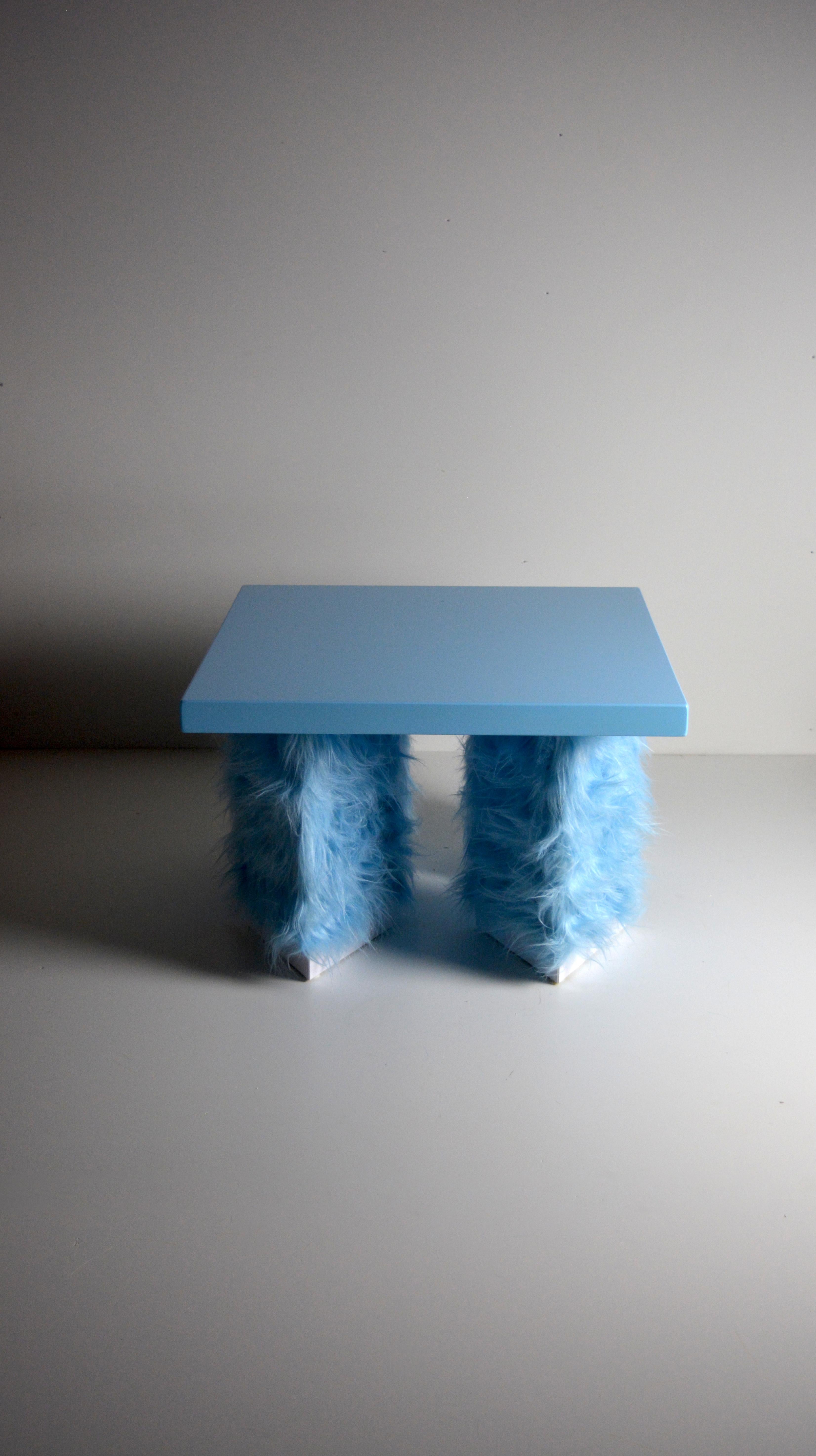 Hand-Crafted Eccentrico Studio Greca contemporary light blue fur lacquered wood coffee table