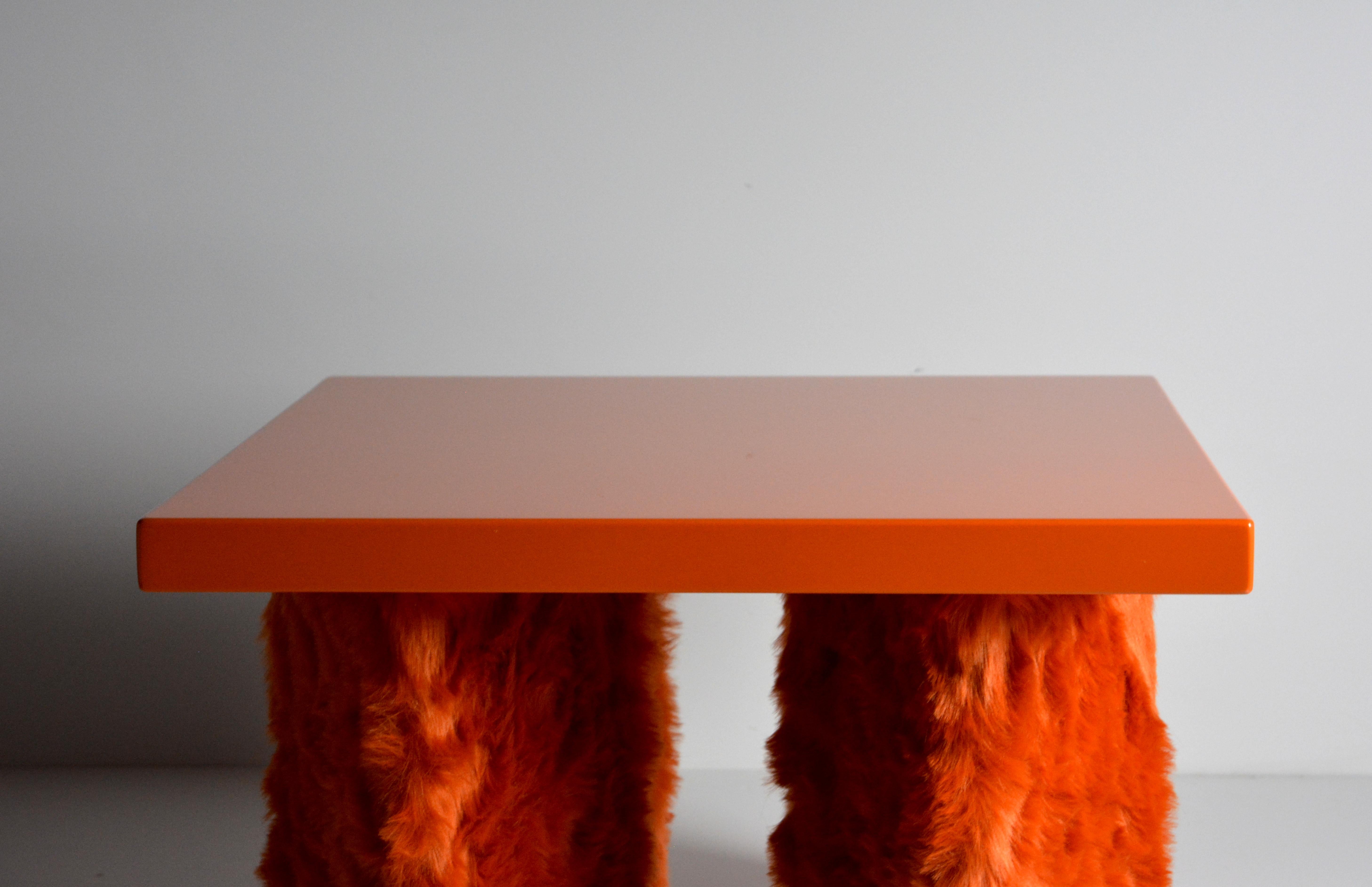 Eccentrico, contemporary coffee table orange fur-lacquered wood by Studio Greca In New Condition For Sale In Torino, TO