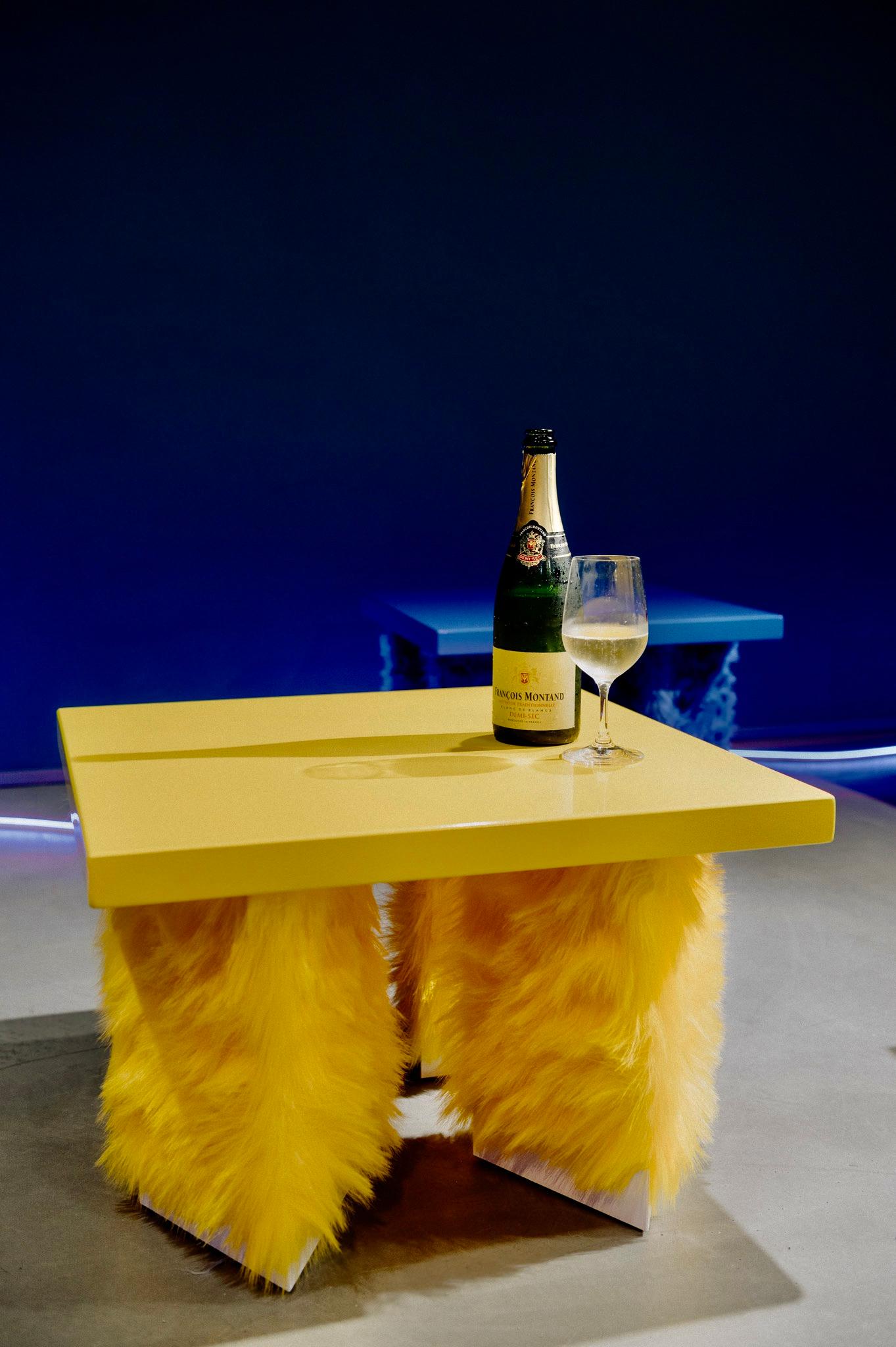 Eccentrico, contemporary coffee table yellow fur-lacquered wood by Studio Greca For Sale 1