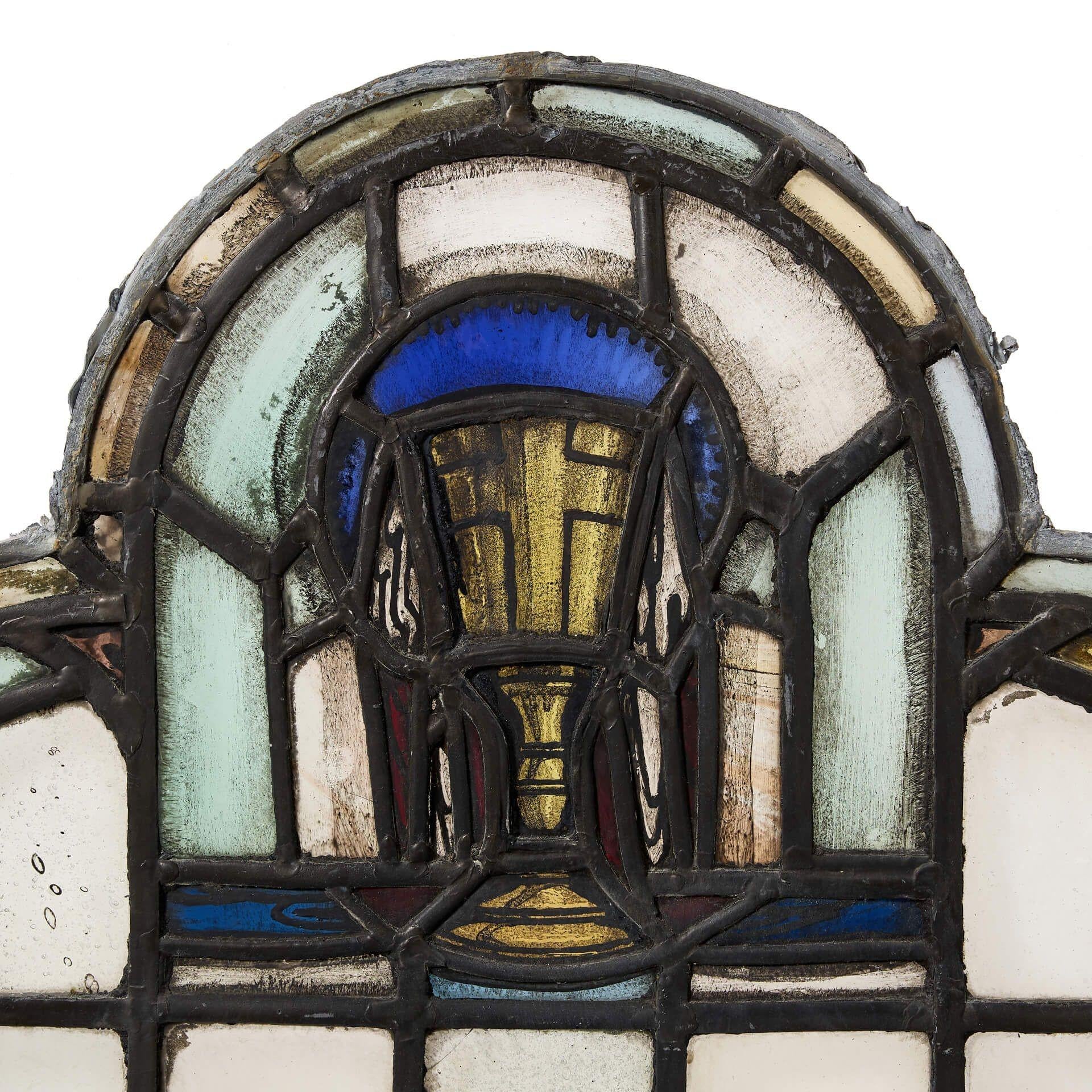 Arts and Crafts Ecclesiastical 20th Century Arched Stained Glass Panel For Sale