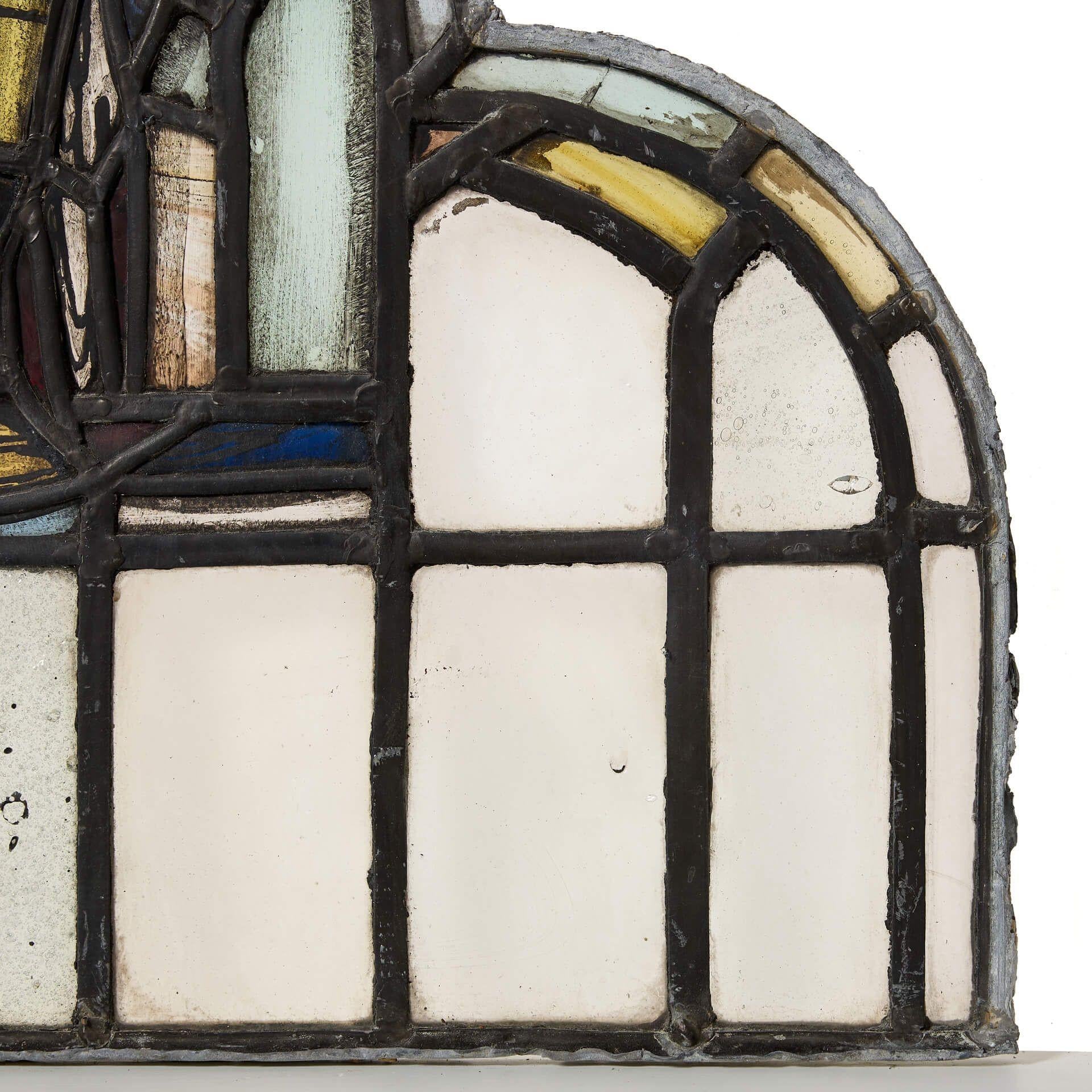 English Ecclesiastical 20th Century Arched Stained Glass Panel For Sale