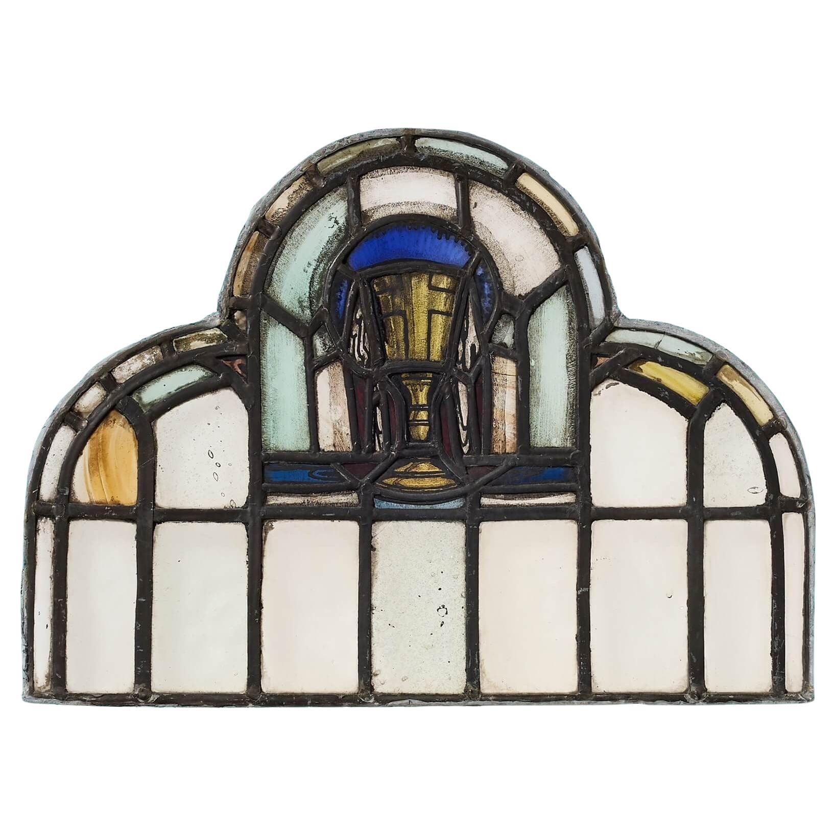 Panneau de vitrail ecclésiastique arqué du 20e siècle