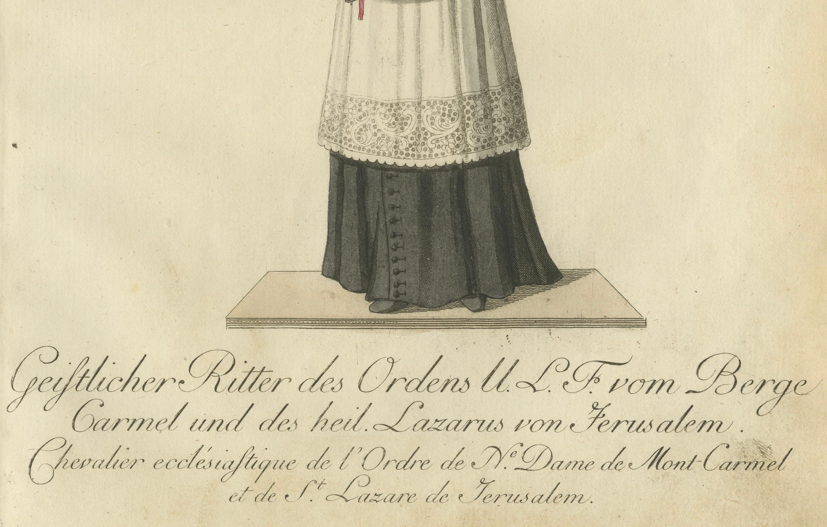 Knight of the Order of Our Lady of Mount Carmel and St. Lazarus

Cette exquise gravure coloriée à la main représente un chevalier ecclésiastique de l'illustre Ordre de Notre-Dame du Mont-Carmel et de Saint-Lazarus de Jérusalem. Paré d'un manteau