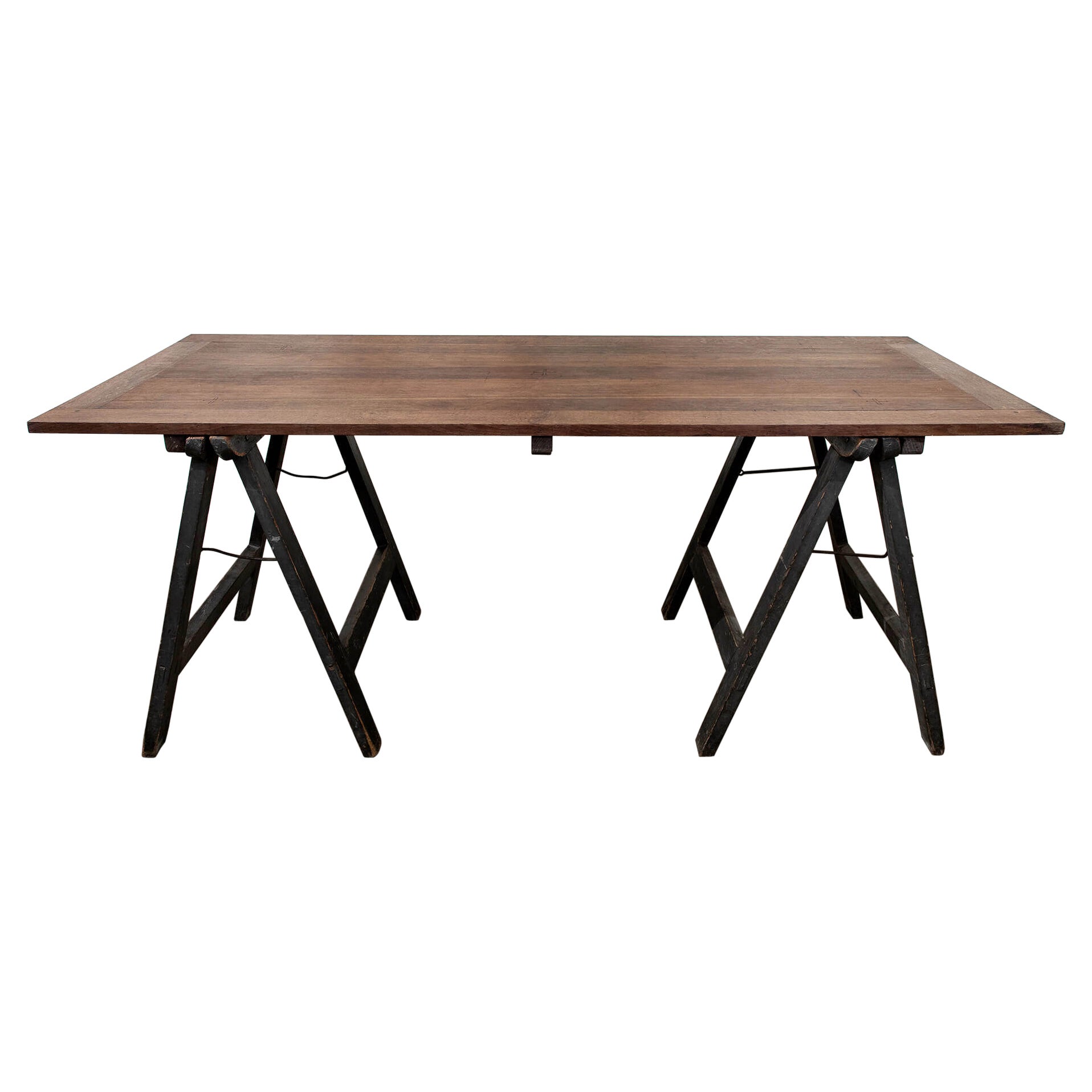 Ecclesiastical Oak Trestle Table with Decorative Engravings, Early 20th Century