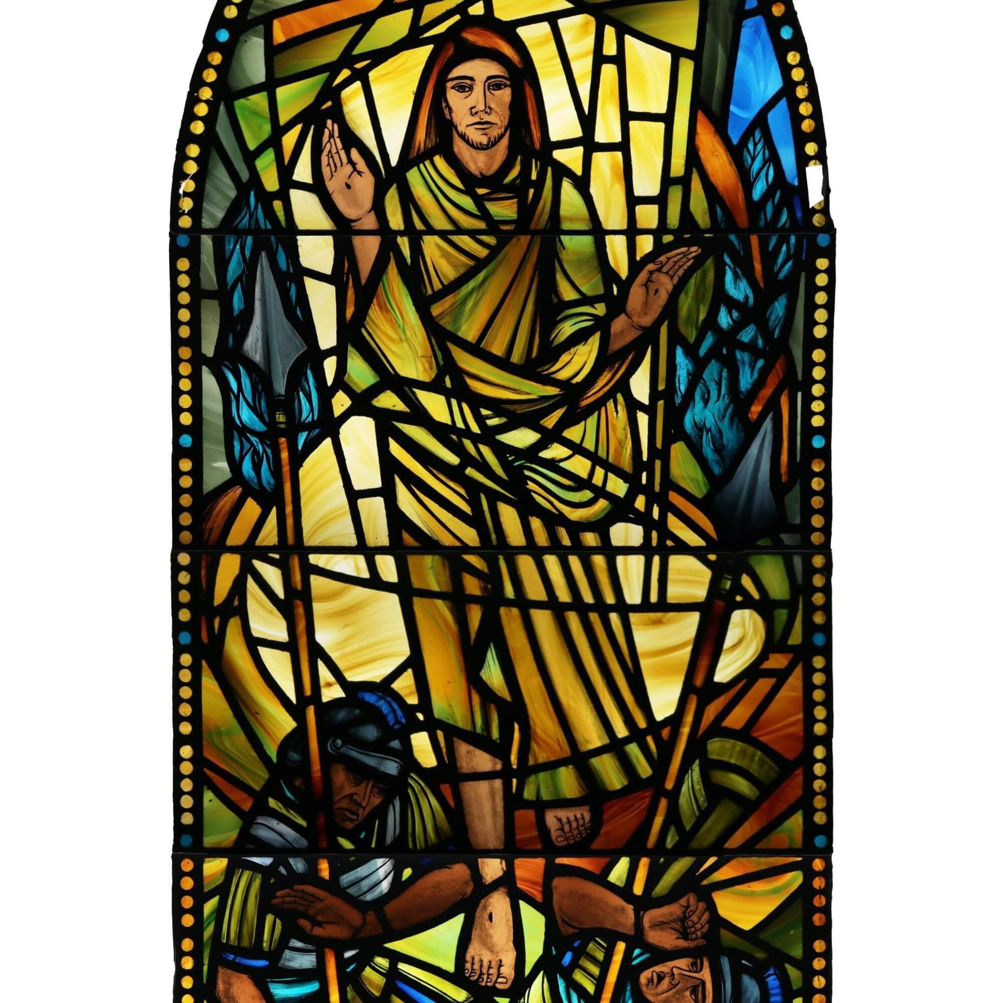 A vibrant religious leaded stained glass window depicting an ecclesiastical scene dating from the Mid-20th Century. This beautiful stained glass window is one of four we are offering for sale, originally installed at the former parish church in
