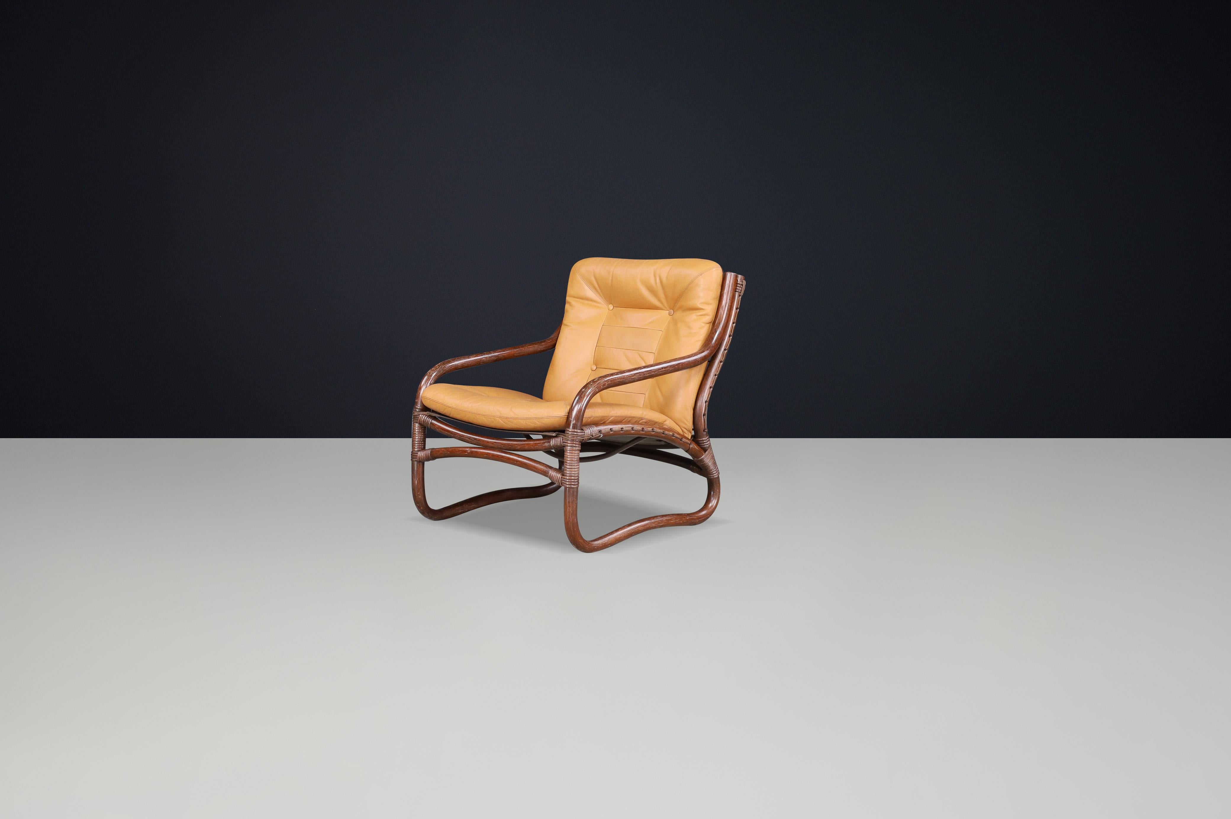 “Ecco” Easy Chair by Slettvoll in Cognac Leather and Rattan, Norway 1970s For Sale 2