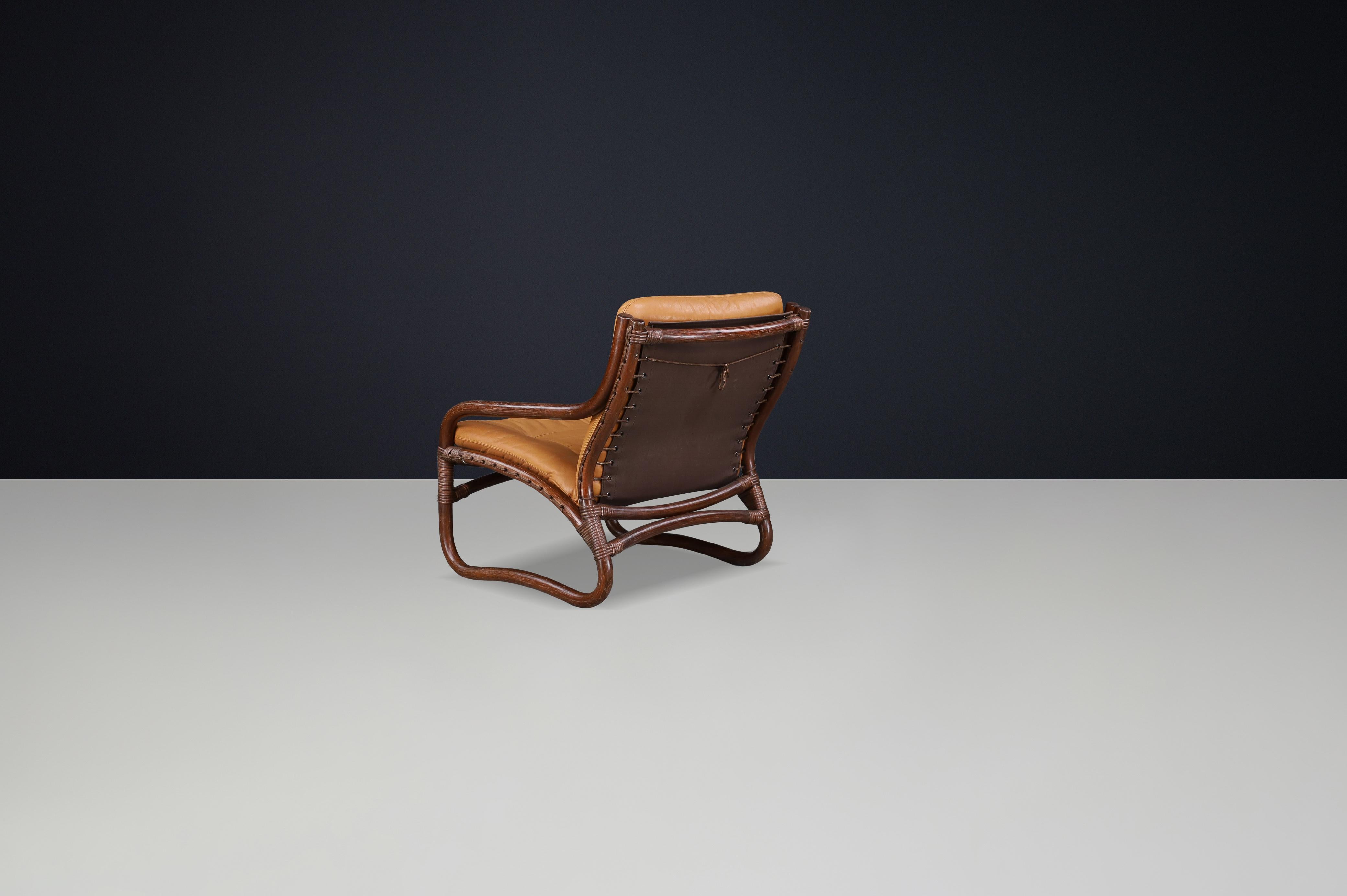“Ecco” Easy Chair by Slettvoll in Cognac Leather and Rattan, Norway 1970s For Sale 3