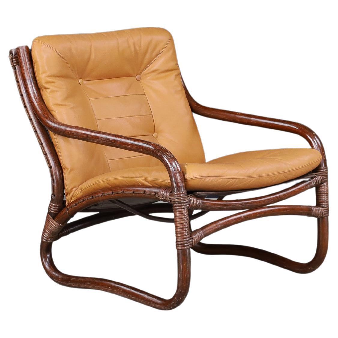 “Ecco” Easy Chair by Slettvoll in Cognac Leather and Rattan, Norway 1970s