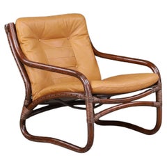 “Ecco” Easy Chair by Slettvoll in Cognac Leather and Rattan, Norway 1970s