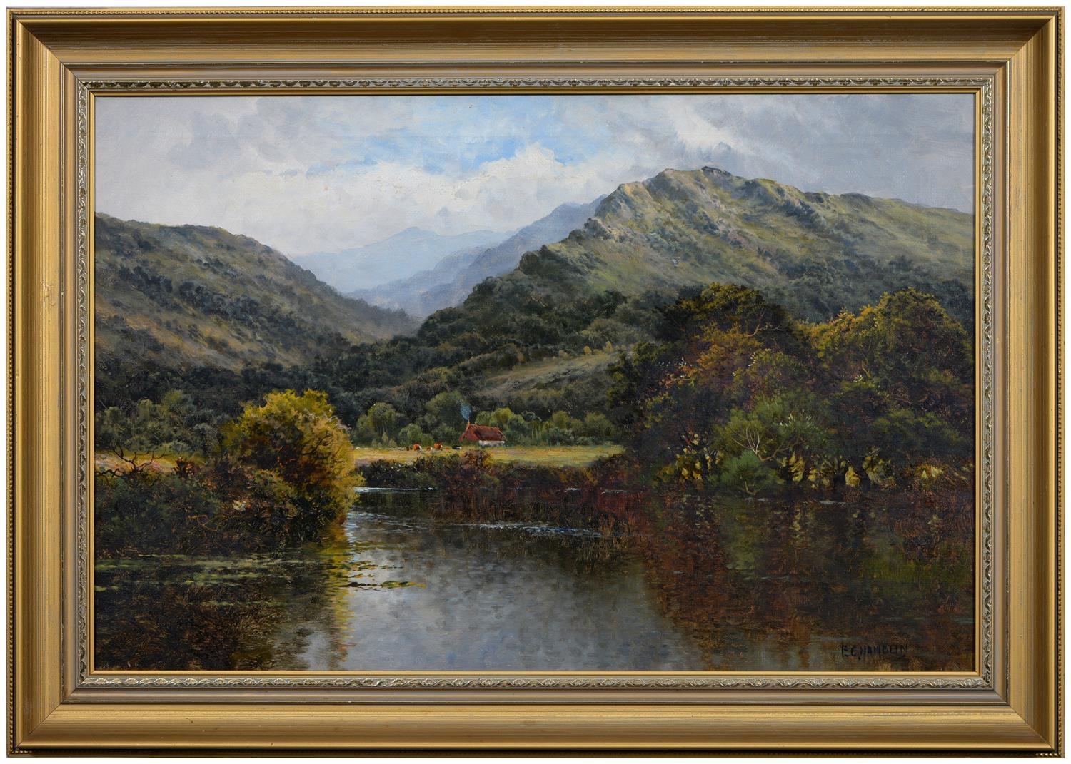 Fine Antique Scottish Oil Highlands Loch Scene Tranquil Pastoral Landscape - Painting by E.C.Hamblin