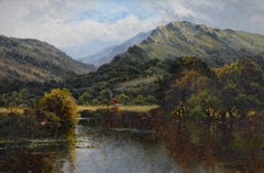 Fine peinture à l'huile écossaise ancienne Highlands Loch Scene, paysage pastoral en Tranquil