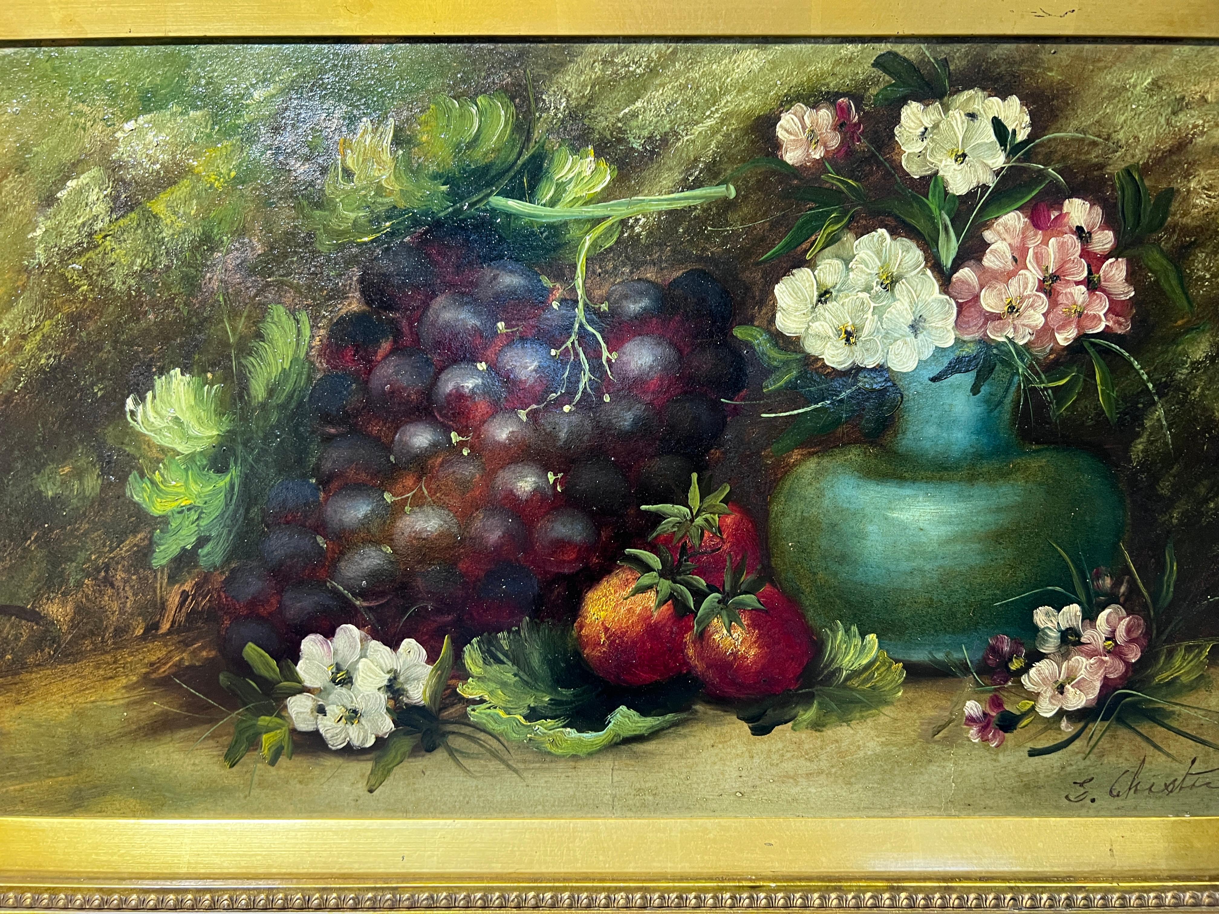 E. Chester Óleo antiguo sobre madera, Bodegón, Frutas y Flores, Enmarcado - Painting Impresionista de E.Chester