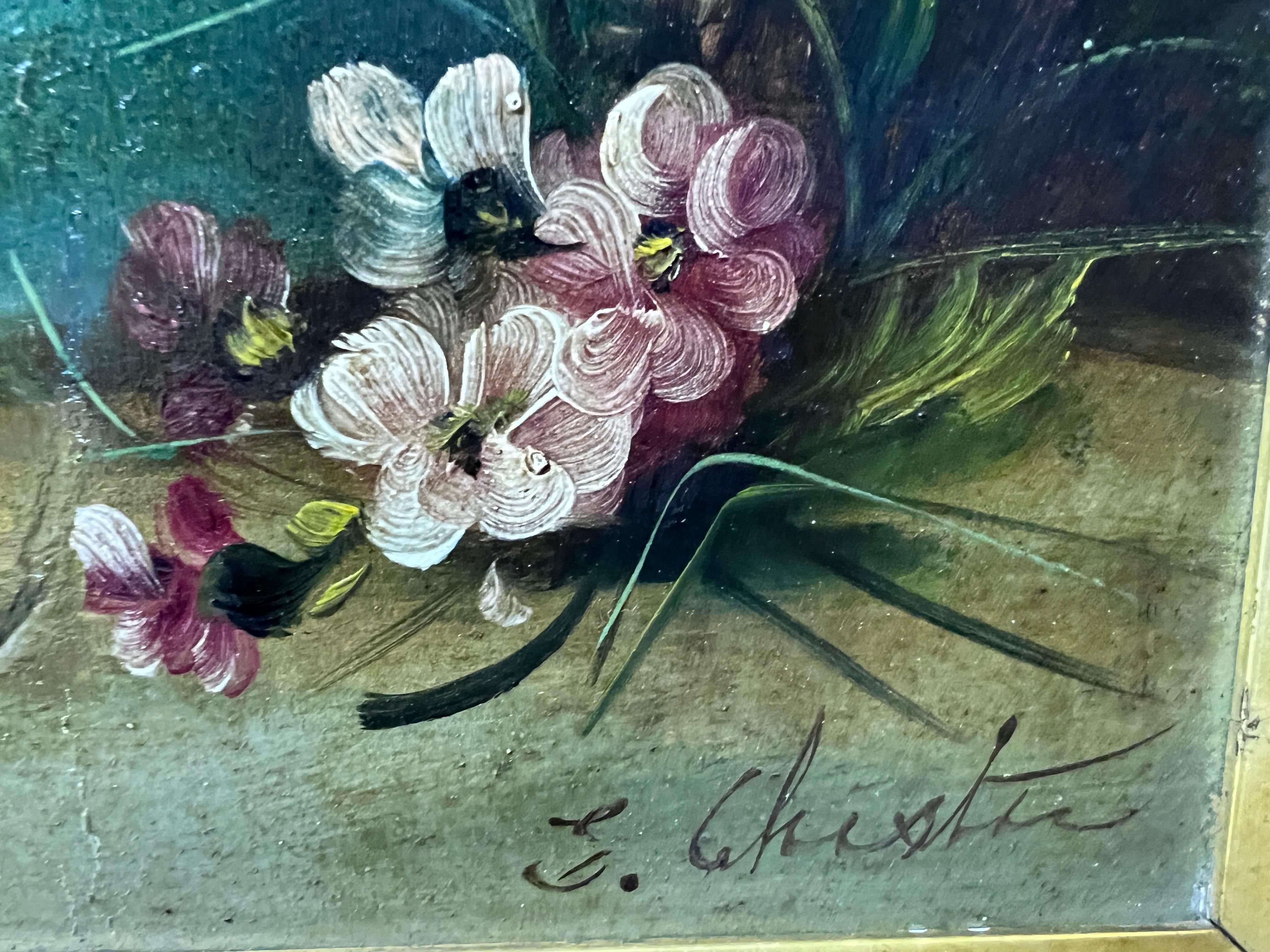E. Chester Óleo antiguo sobre madera, Bodegón, Frutas y Flores, Enmarcado 4