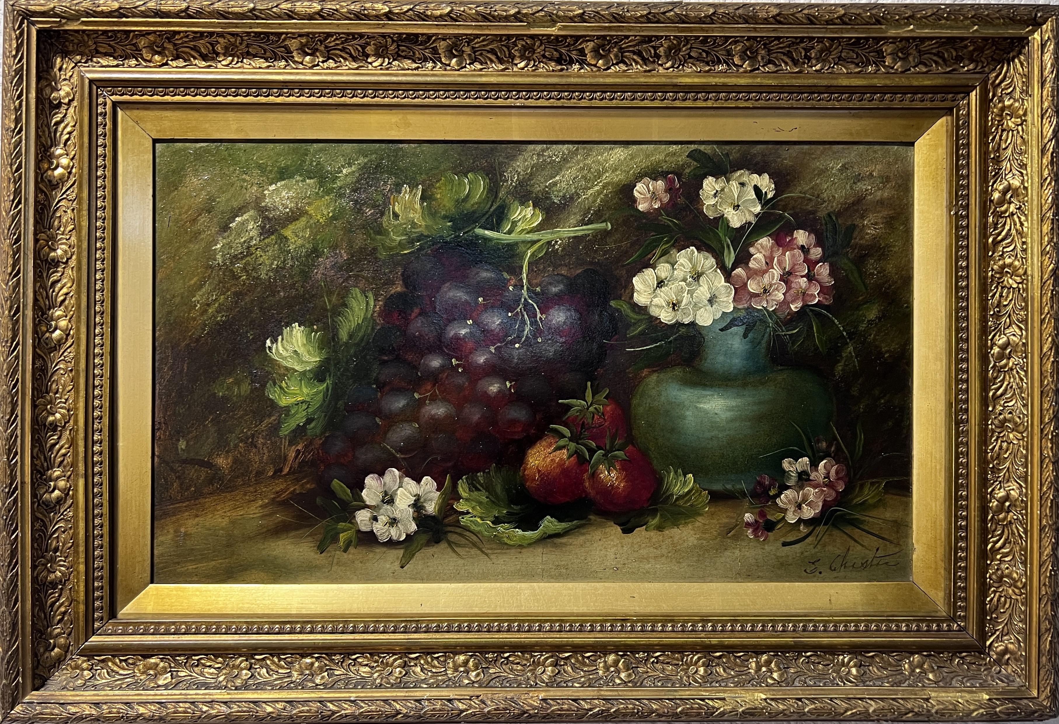 Still-Life Painting de E.Chester - E. Chester Óleo antiguo sobre madera, Bodegón, Frutas y Flores, Enmarcado