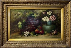 E. Chester Antique oil painting on wood, Still life, Fruits and Flowers, Framed