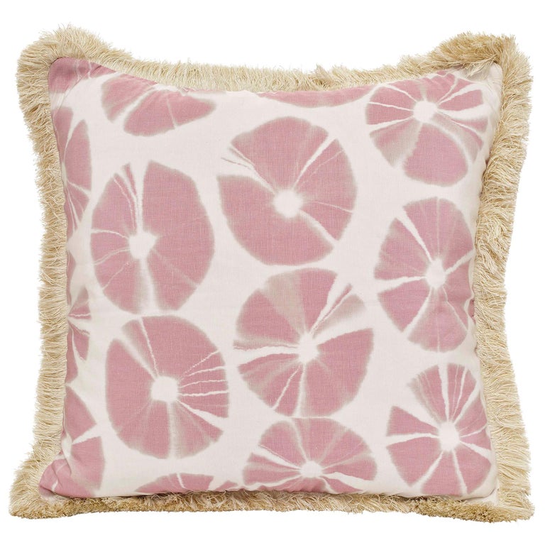 For Sale: Pink (QR-21003.BLUSH.0) Echino Accent Pillow with Circular Tie-Dye Motif & Fringe Detal by CuratedKravet