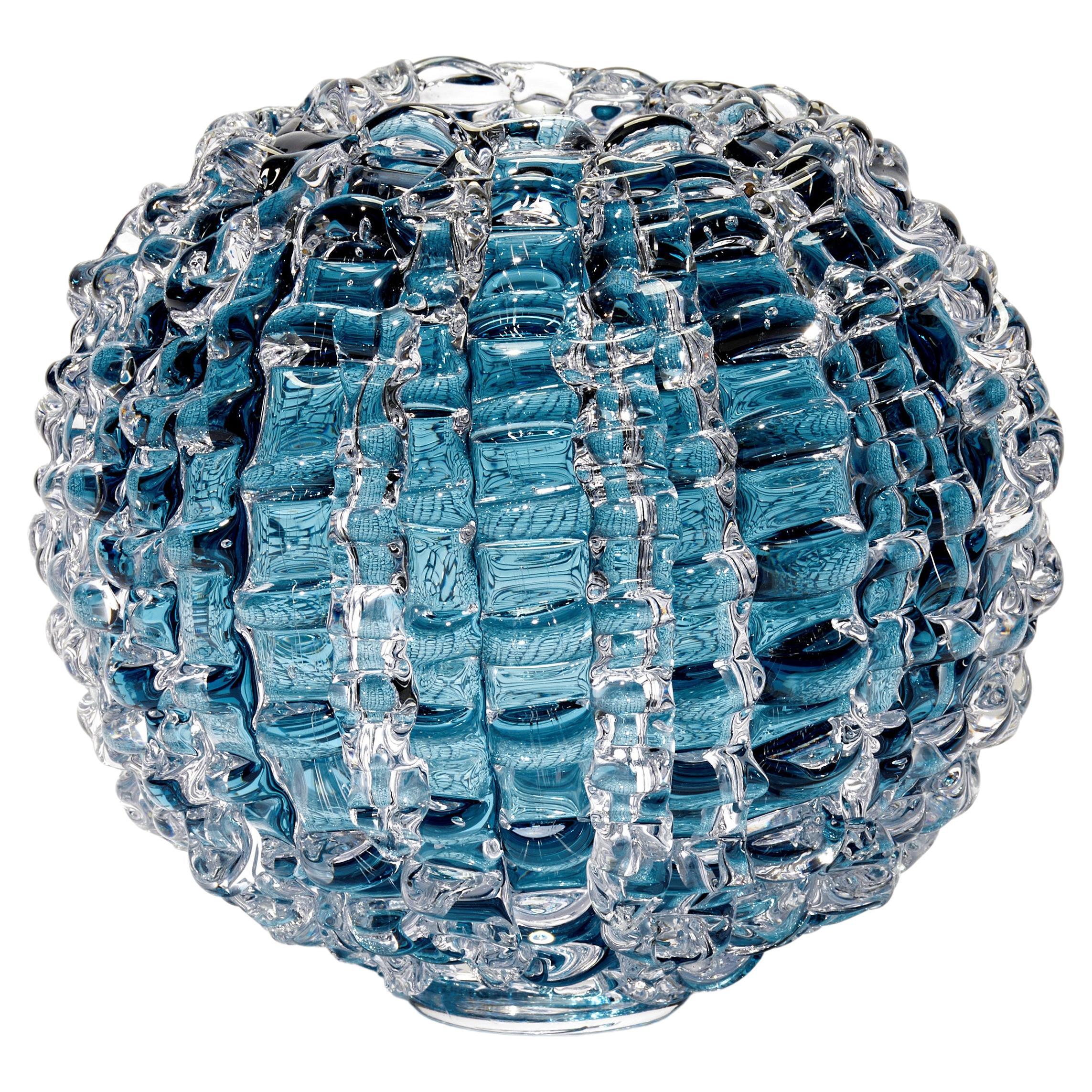 Aqua Blue Cliff, a Unique Blue, Aqua and Green Glass Sculpture by