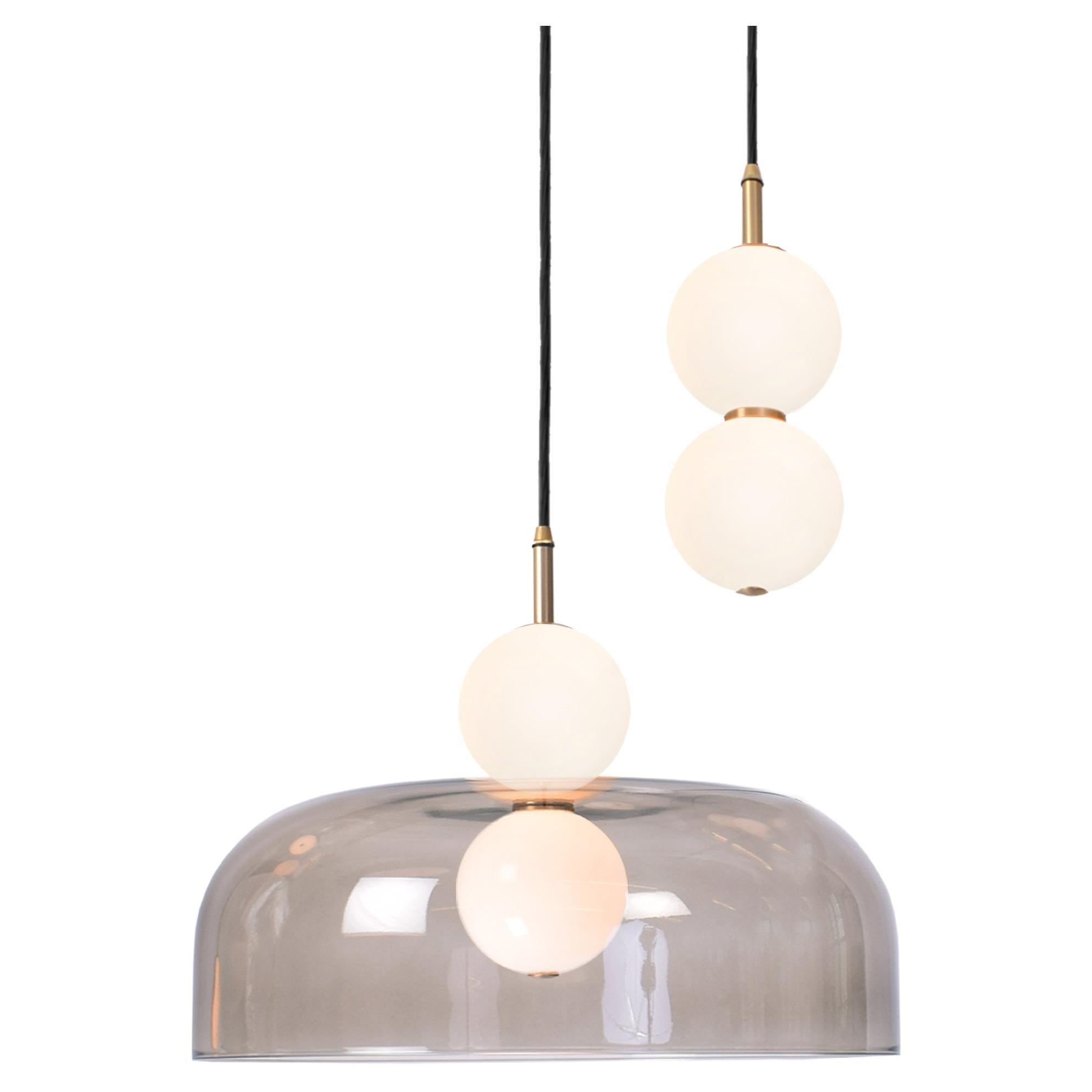 Echo 2-Piece, Lamp and Shade. Opal Glass Orbs, Smoked Shade and Brass Details For Sale