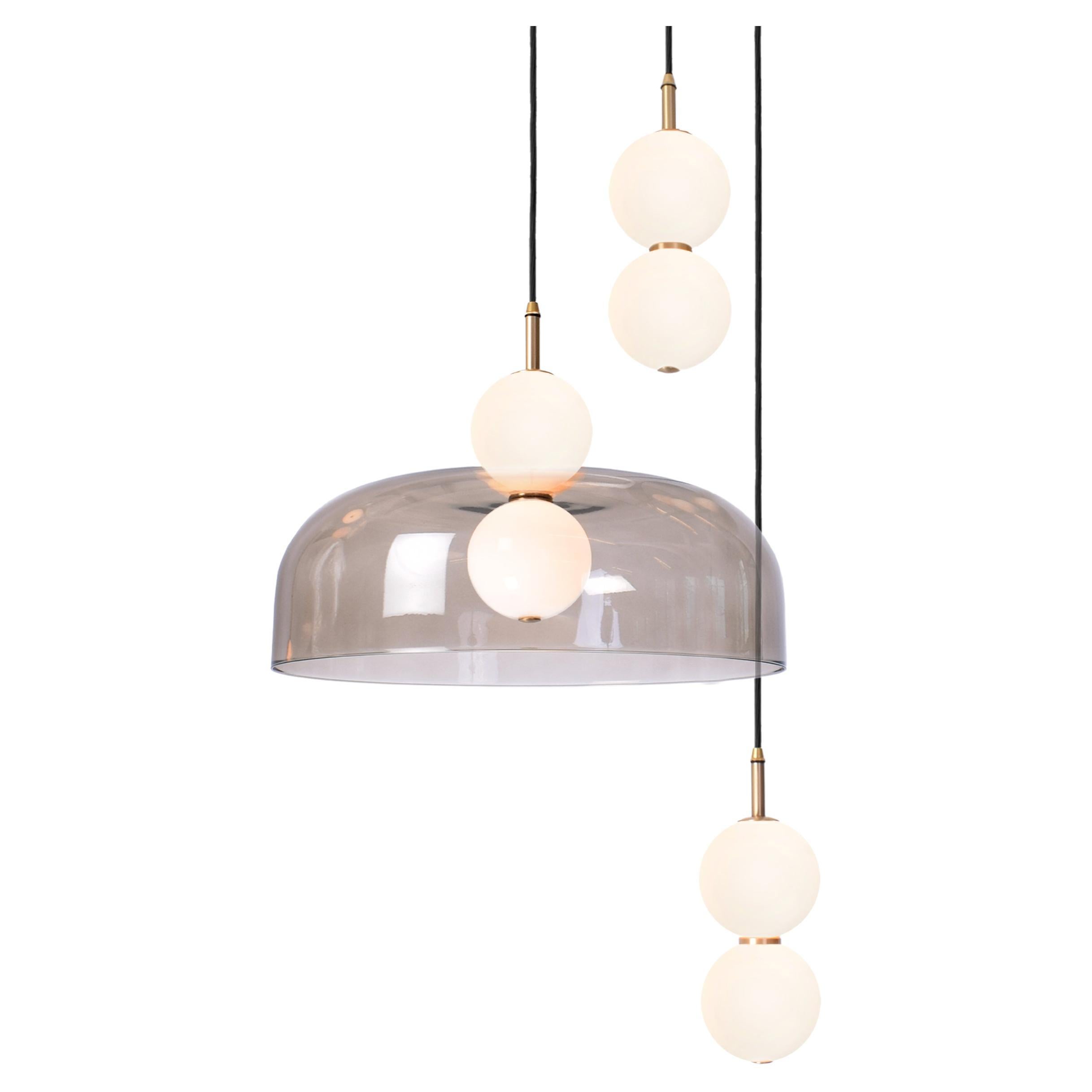 Echo 3-Piece, Lamp and Shade. Opal Glass Orbs, Smoked Shade and Brass Details