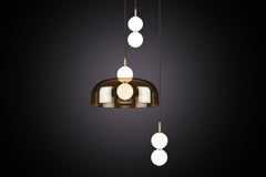 Echo 3-Piece, Lamp and Shade. Opal Glass Orbs, Smoked Shade and Brass Details