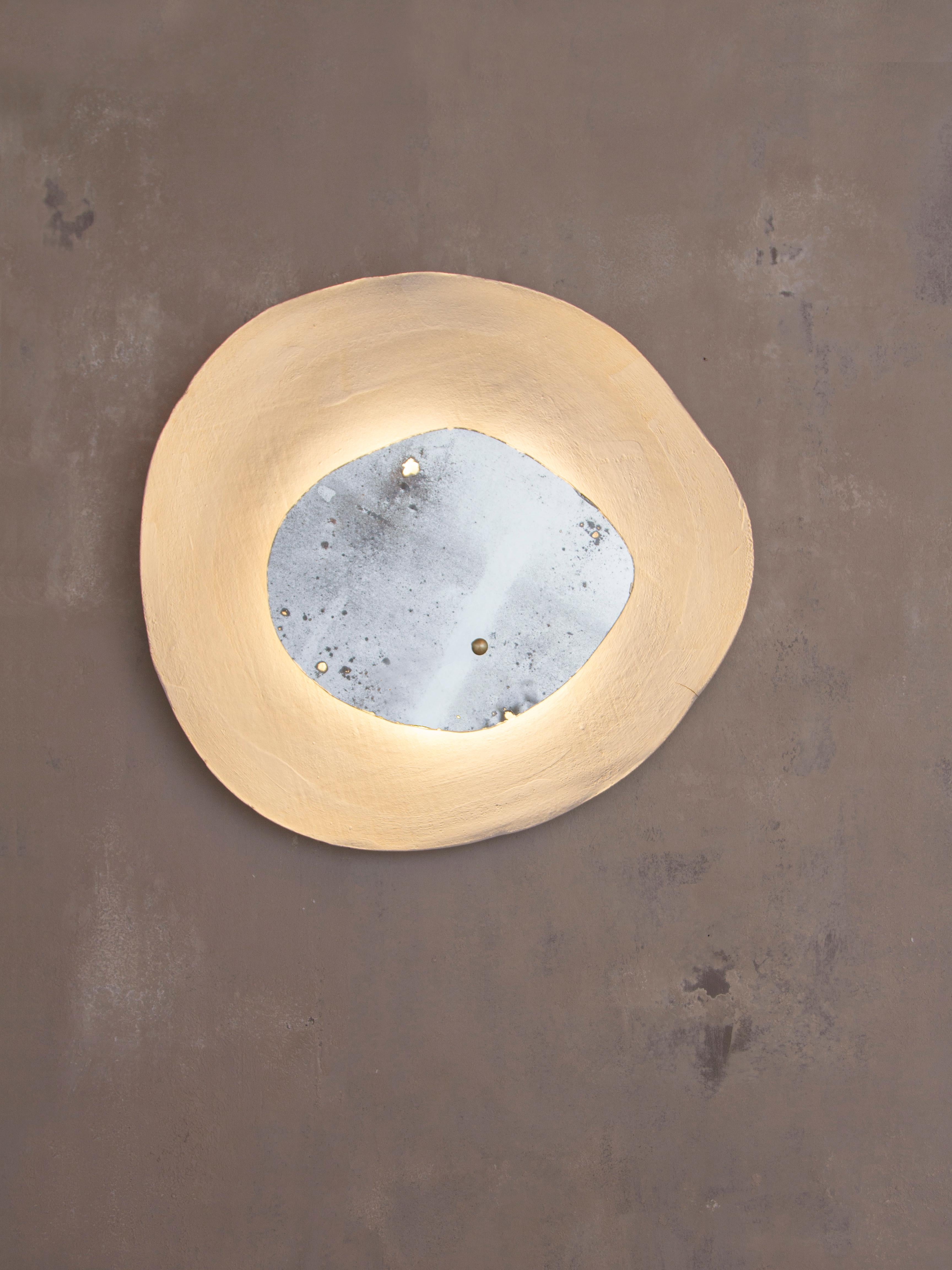 Echo #3 wall light by Margaux Leycuras
One of a Kind, Signed and numbered
Dimensions: D 6 x W 56 x H 53 cm 
Material: Ceramic, sand stoneware top with a porcelain engobe finish and old mercury mirror.
The piece is signed, numbered and delivered