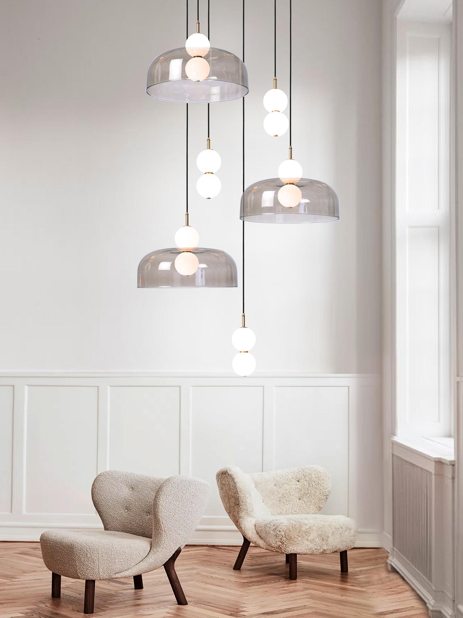 British Echo 6-Piece, Lamp and Shade. Opal Glass Orbs, Smoked Shade and Brass Details For Sale