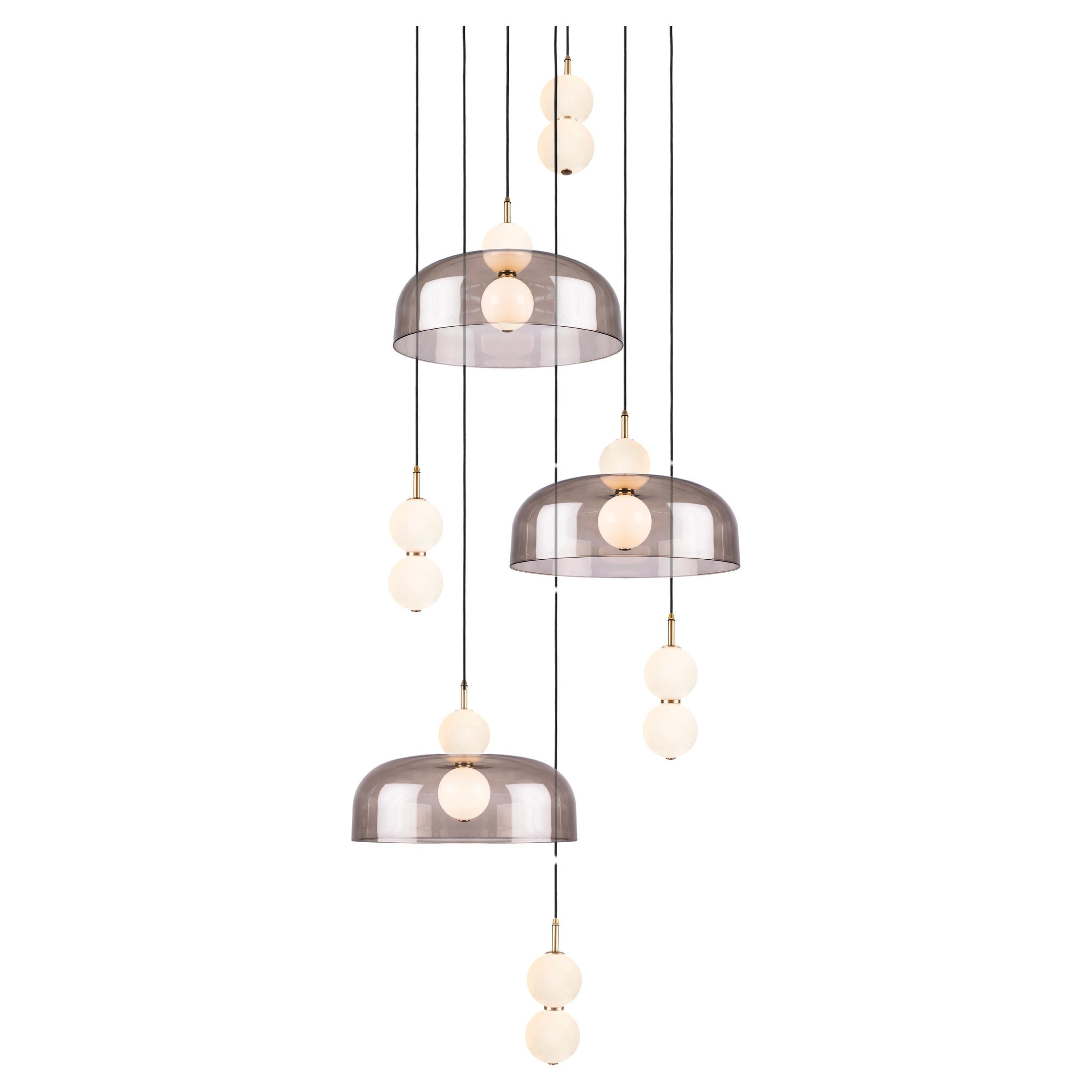 Echo 6-Piece, Lampada e paralume. Orbite in vetro opalino, paralume fumé e dettagli in ottone
