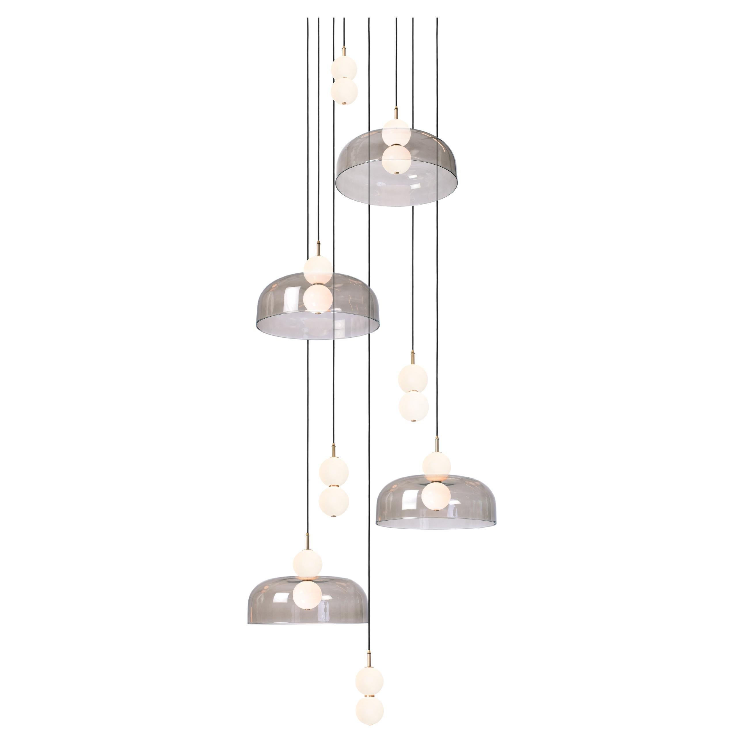 Echo 8-Piece, Lamp and Shade. Opal Glass Orbs, Smoked Shade and Brass Details For Sale
