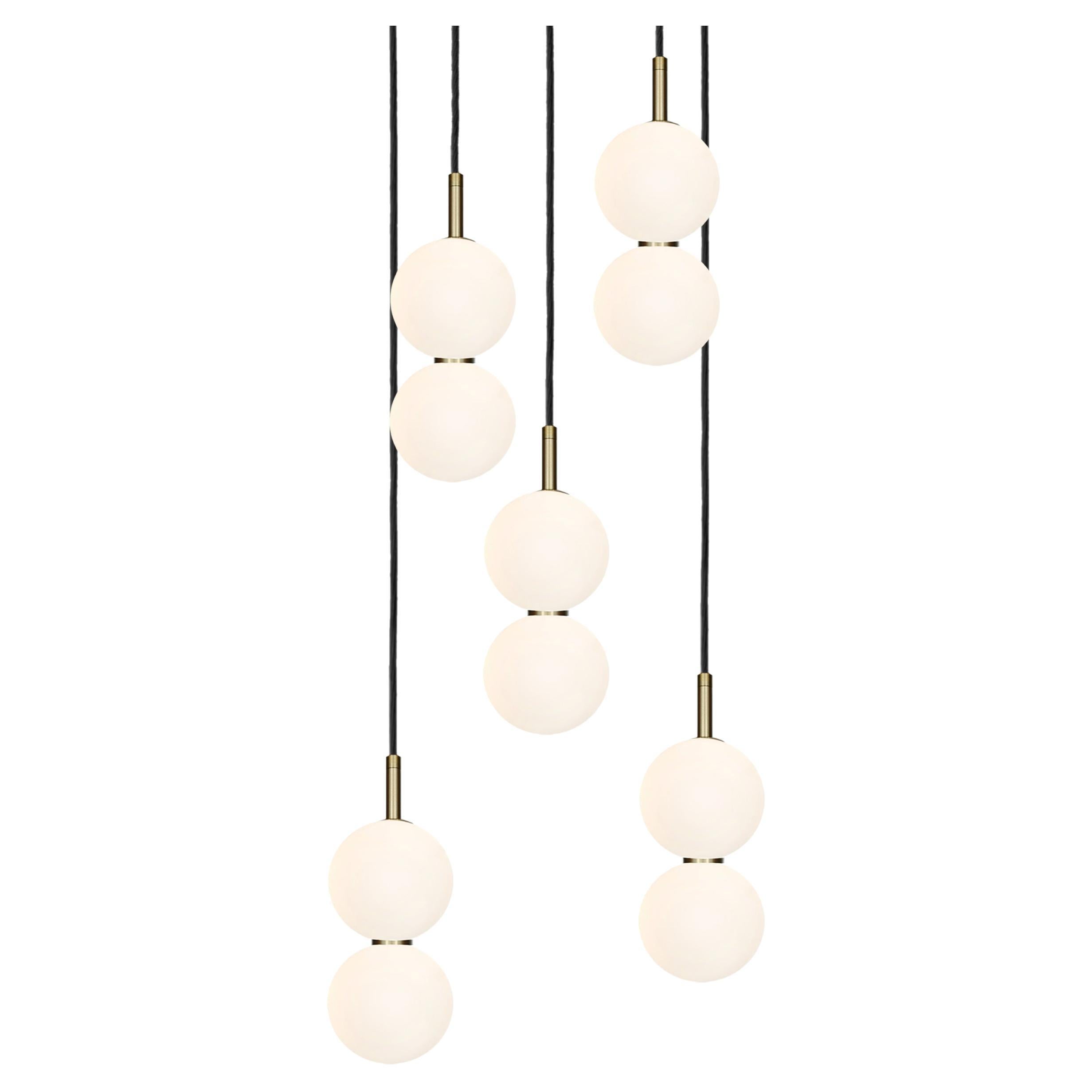 Echo Lamp Cluster, 5-Piece. Opal Glass Orbs, Brass Metalwork. Integrated LED