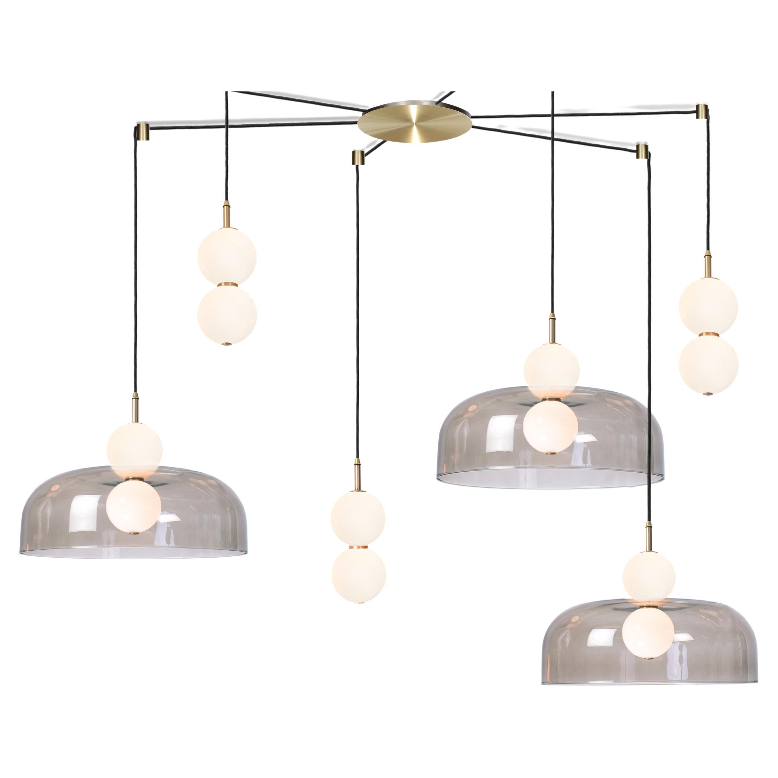 Echo Wide 6-Piece, Lamp and Shade. Opal Glass Orbs, Smoked Shade and Brass