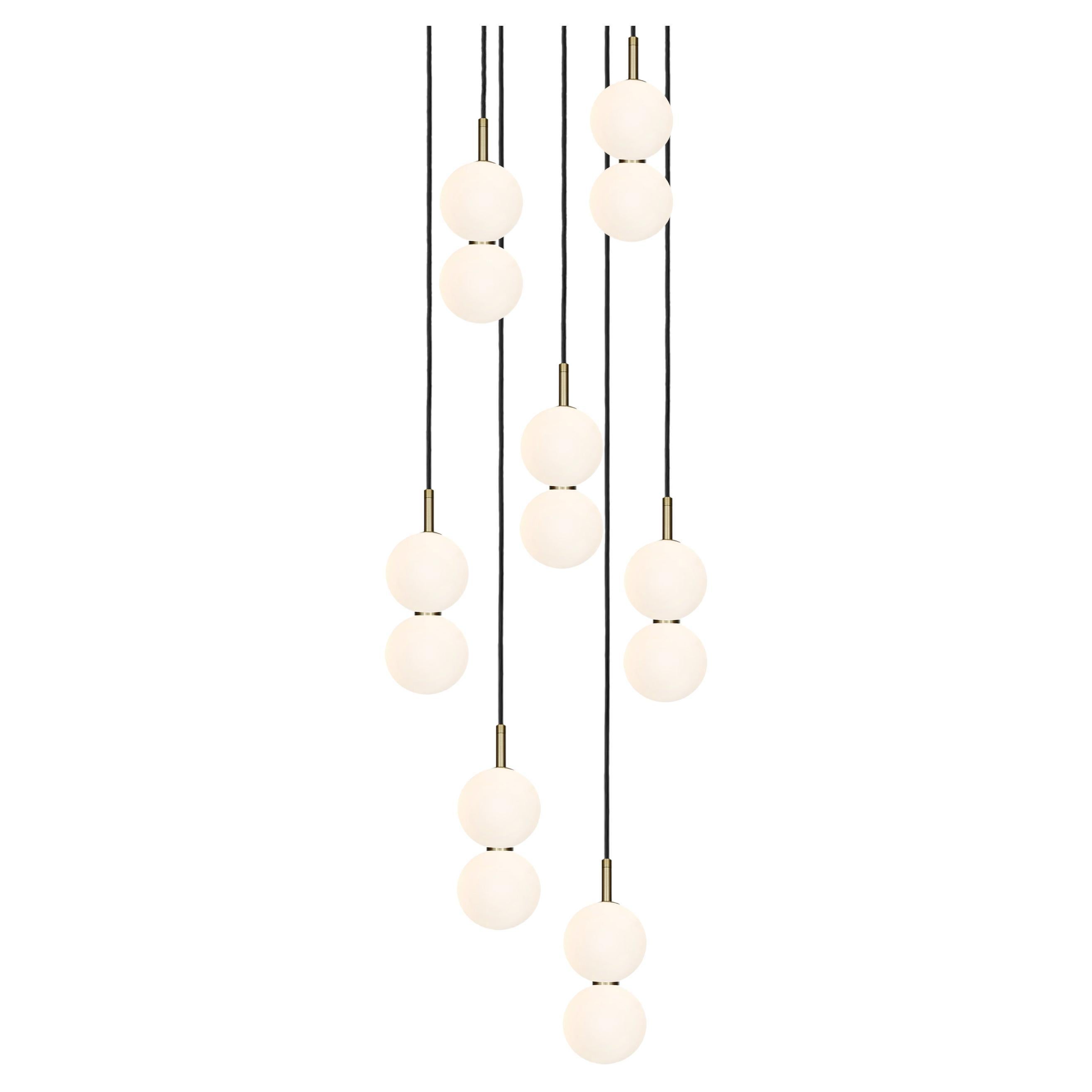 Echo Lamp Cluster, 7-Piece. Opal Glass Orbs, Brass Metalwork. Integrated LED