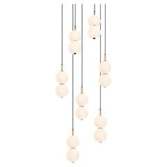 Echo Lamp Cluster, 7-Piece. Opal Glass Orbs, Brass Metalwork. Integrated LED