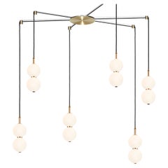 Echo Lamp Cluster, Wide 6-Piece. Opal Glass Orbs, Brass Metalwork.