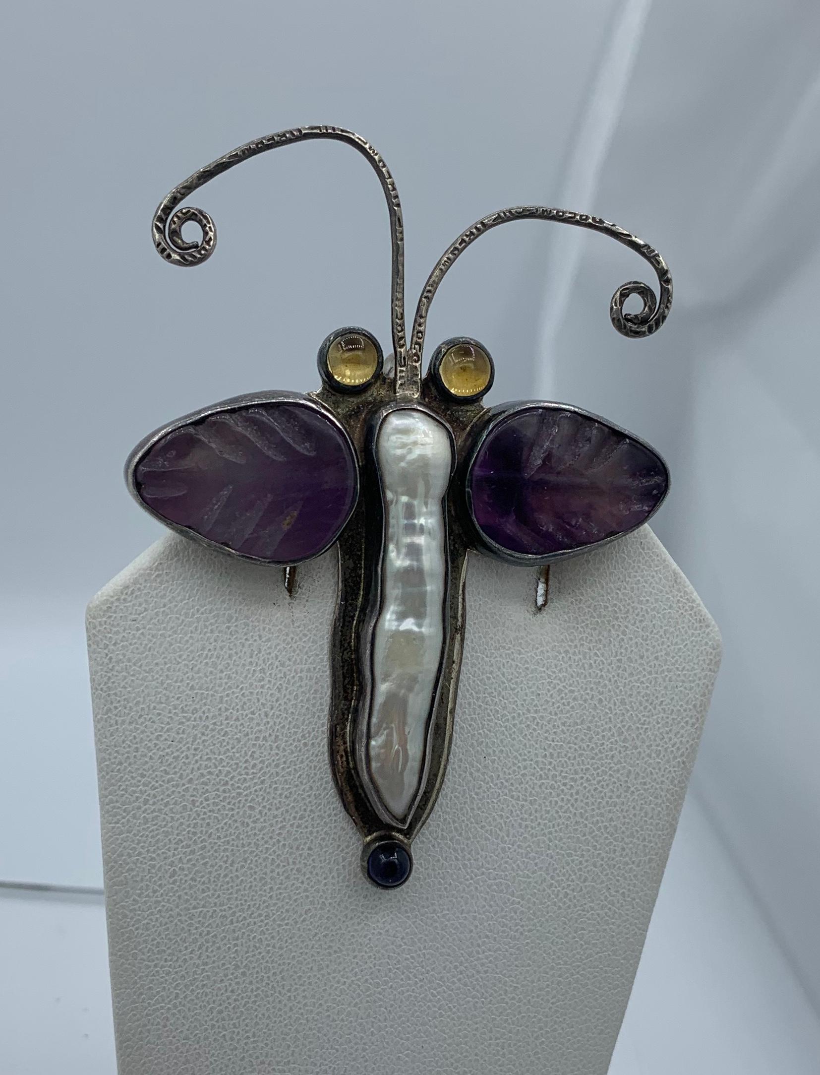 Modernist Echo of the Dreamer Butterfly Moth Pendant Brooch Amethyst Pearl Sterling Silver For Sale