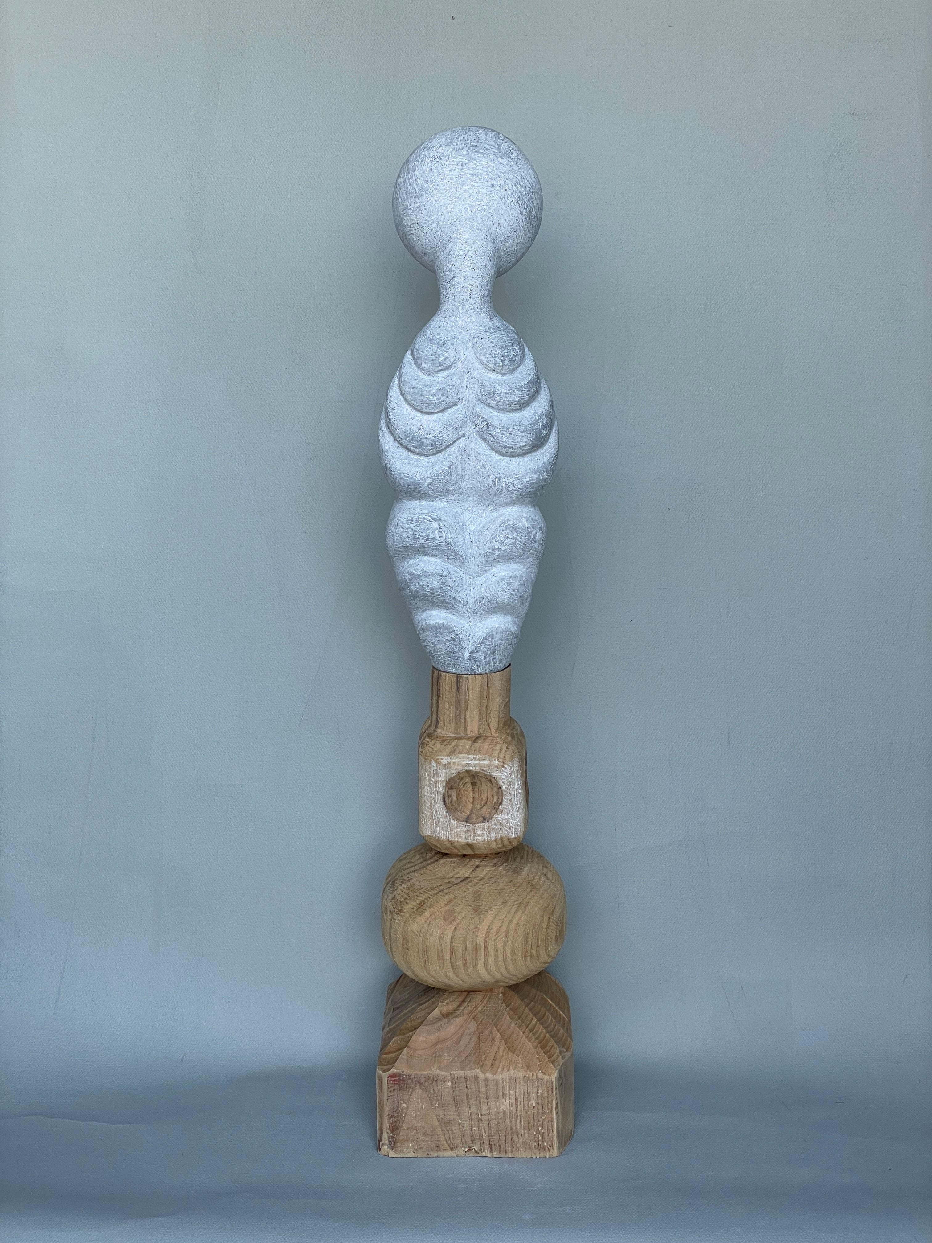 Post-Modern Echo on Wood Hand Carved Marble Sculpture by Tom Von Kaenel For Sale
