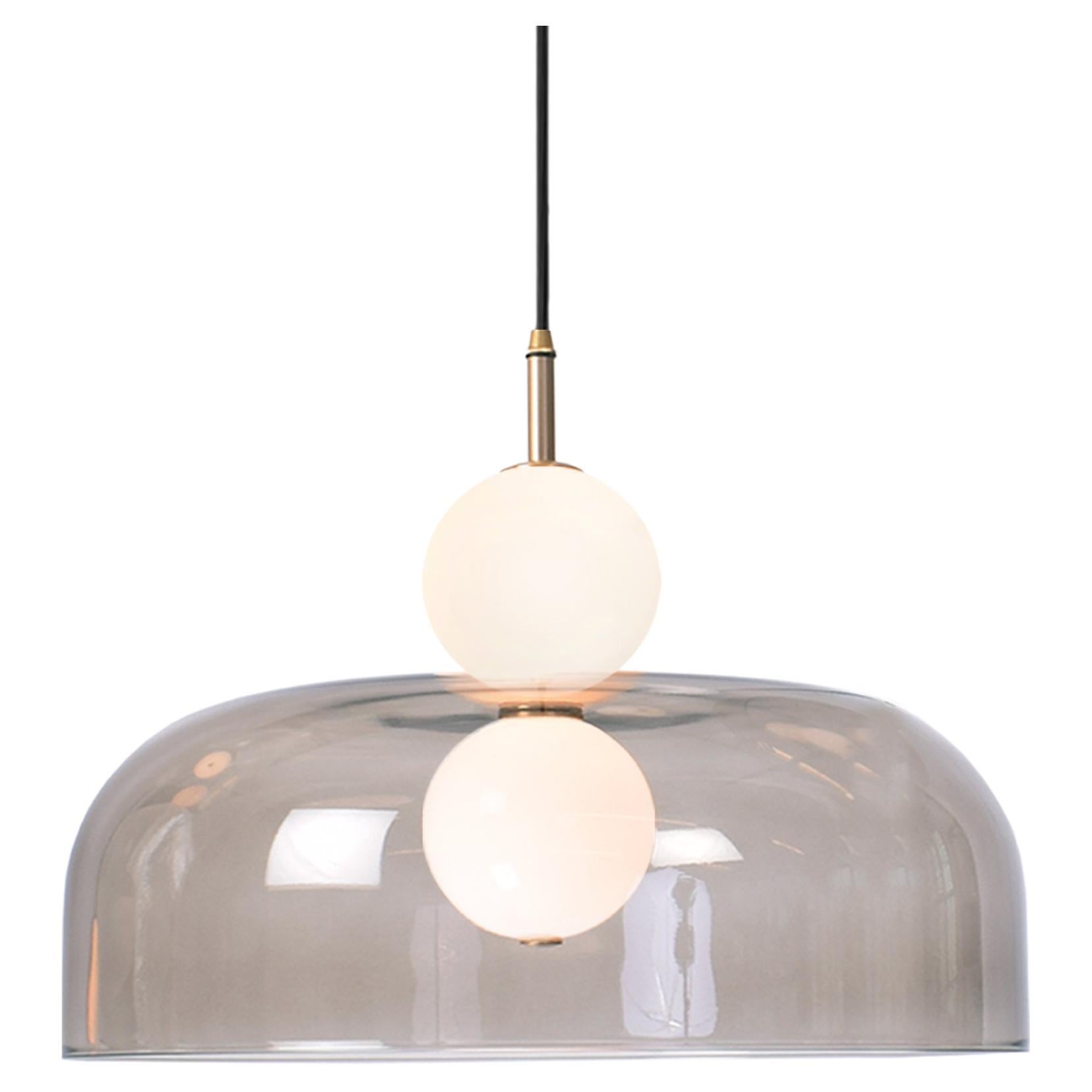 Echo Pendant, Lamp and Shade. Opal Glass Orbs, Smoked Shade and Brass Details. For Sale